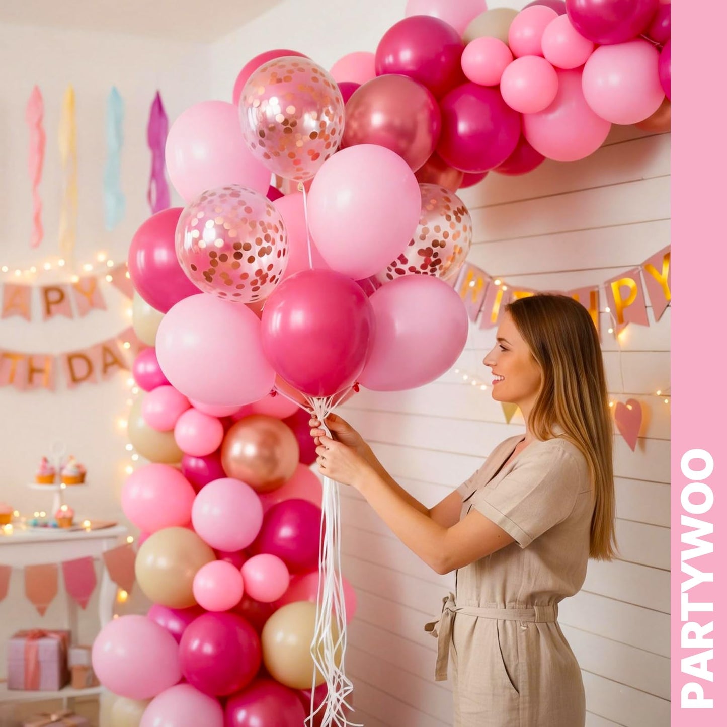 PartyWoo Pink Balloons 66pcs 12 Inch Pearl Metallic Mauve Magenta Fuchsia Hot Pink Confetti Latex Balloons for Gender Reveal Bridal Shower Baby Shower Princess Theme Birthday Party Decorations