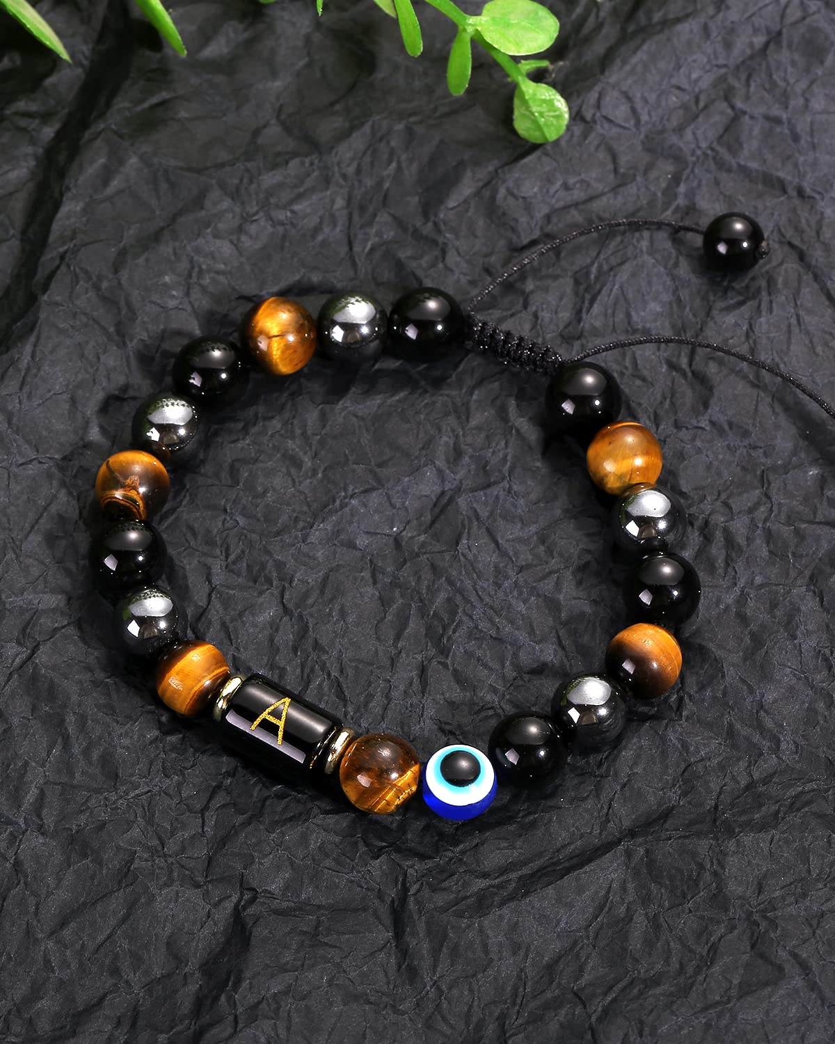 Dayka Initial Triple Protection Bracelet for Men,Black Evil Eye Tiger Eye Hematite Obsidian Good Luck Healing Crystal Stones Mens Bead Bracelet Jewelry Gift (F initial bracelet, Triple Protection)
