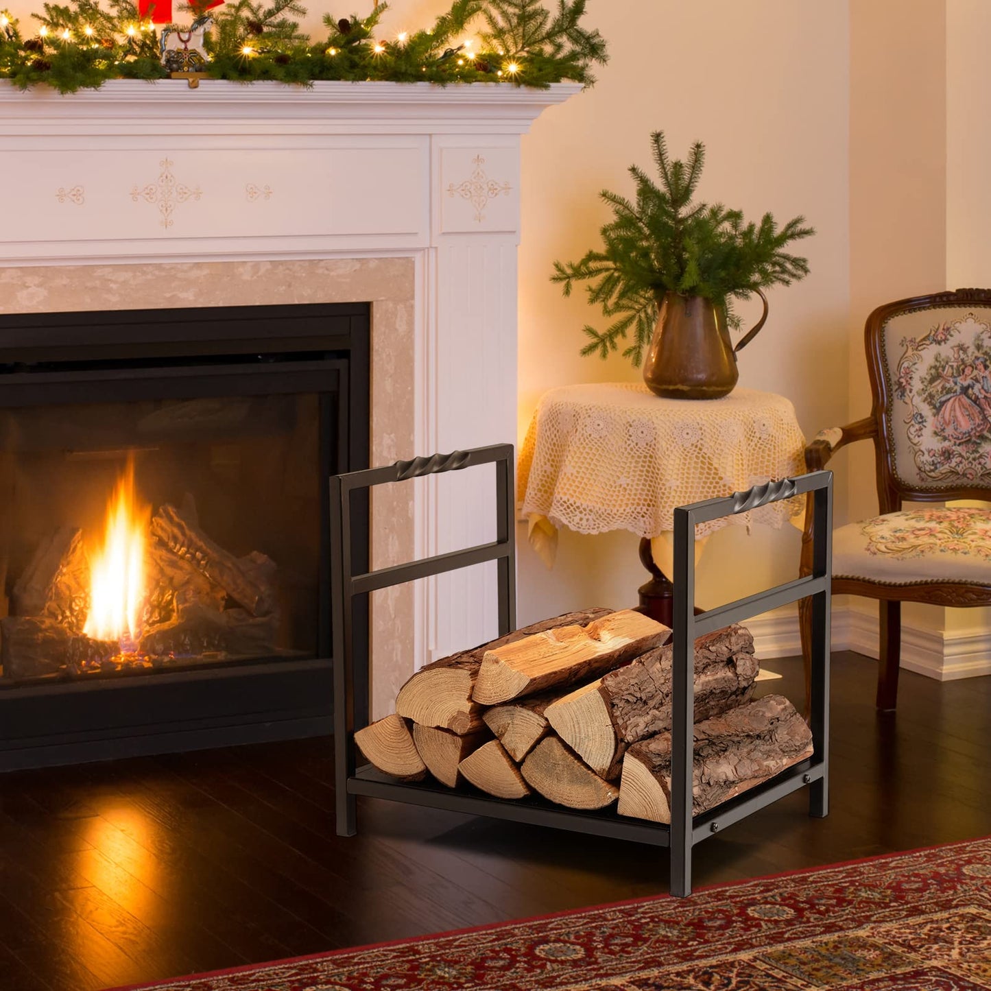 Tangkula Firewood Log Rack, Heavy Duty Firewood Holder with Unique Handle and Raised Feet, Firewood Storage Holder for Fireplace, Stove, Fire Pit, Easy Assembly, Black