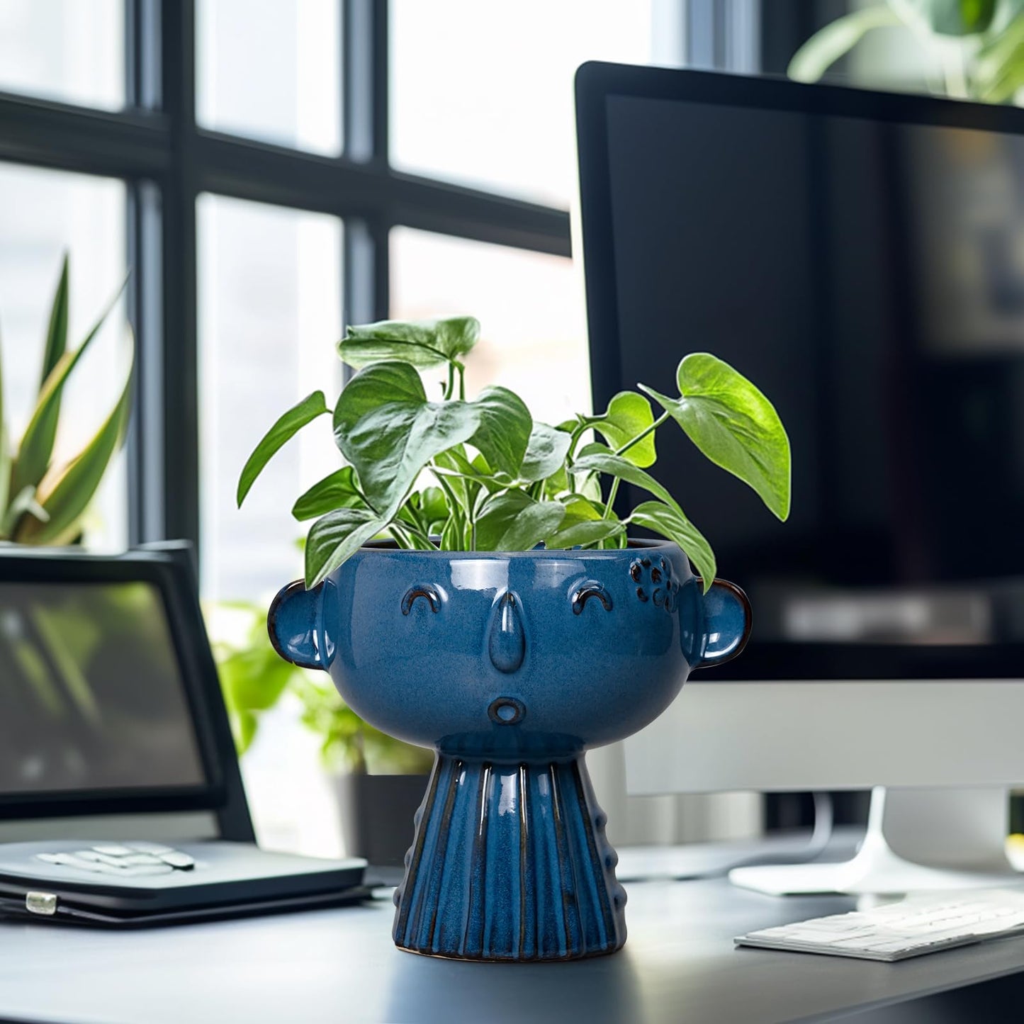 Fivepot Head Planter Pot - 7 Inch Cute Face Planter for Indoor Outdoor Plants Ceramic Succulent Pot Round Flower Pot Present for Mother Christmas with Drainage Hole Blue