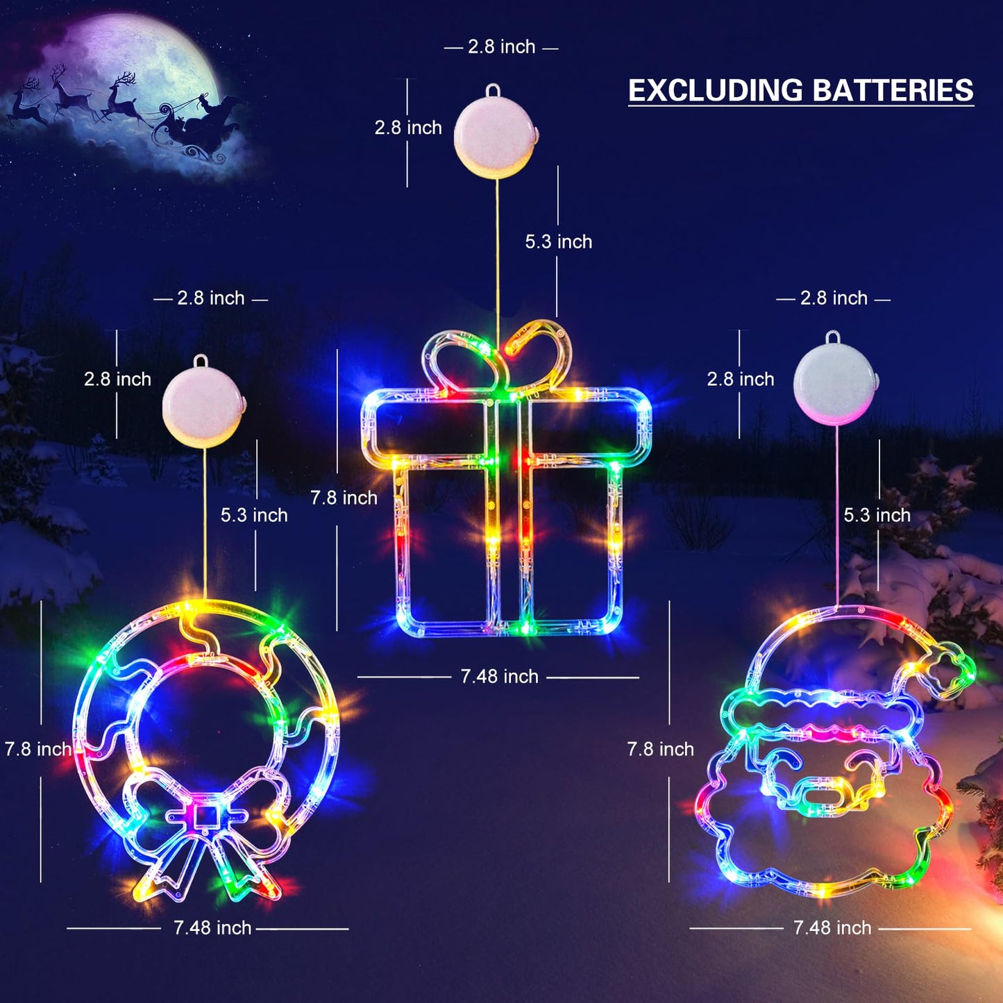 LOLStar Christmas Window Decorations 3 Pack Wreath Gift Box Santa Claus Christmas Window Lights with Suction Cups, Battery Operated Xmas Lights Decors, 2025 Upgrade Slow Fade Mode and Timer Function
