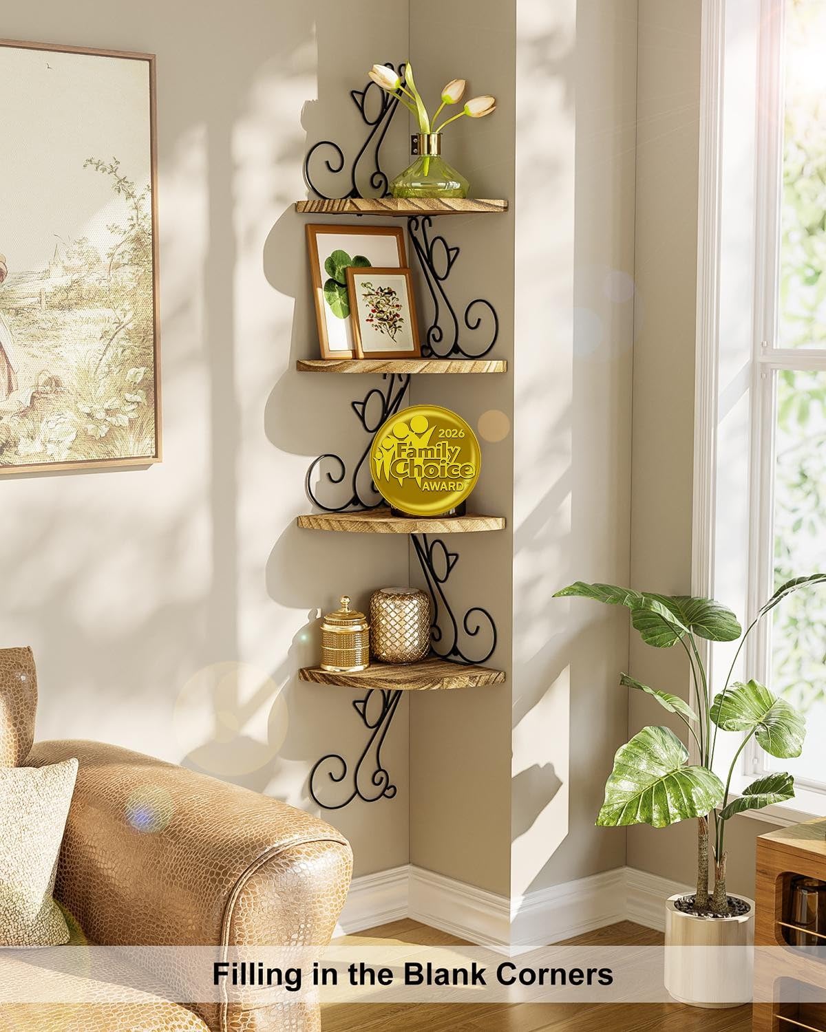 Alsonerbay Wall Mount Corner Shelves 4 Tier Floating Corner Storage Wood Shelves Decorative Rustic Radial Shelf in Cat Shape Carbonized Black