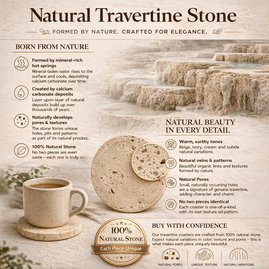 Travetine Round Marble Coasters Set of 6 with Holder, 3.5 Inch Drink Coasters for Tabletop and Coffee Table Decor