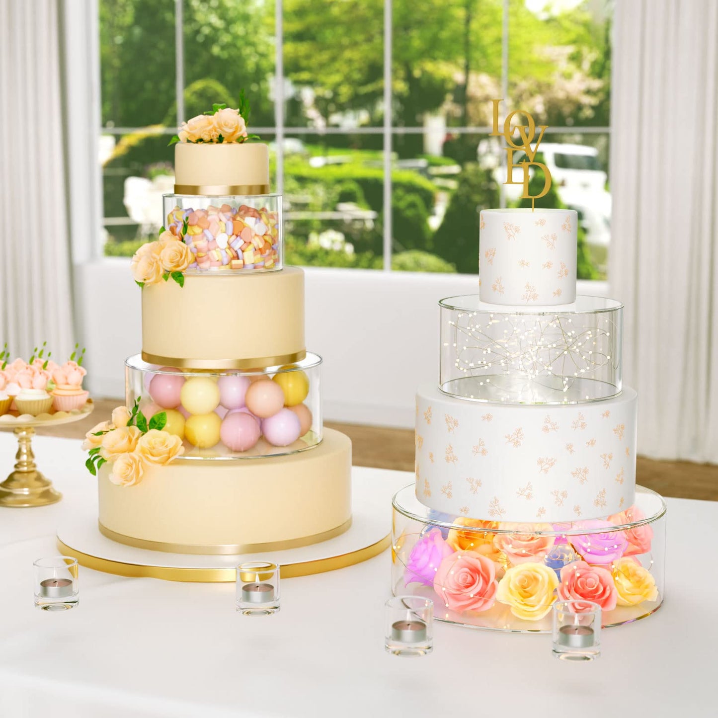 NPPLUS 2PCS Acrylic Fillable Cake Stand Cake Riser Cake Tier, Round Cylinder Display Riser Display Box, Decorative Centerpiece for Wedding Birthday Party (10" Dx4 H inch, 6" Dx4 H inch)