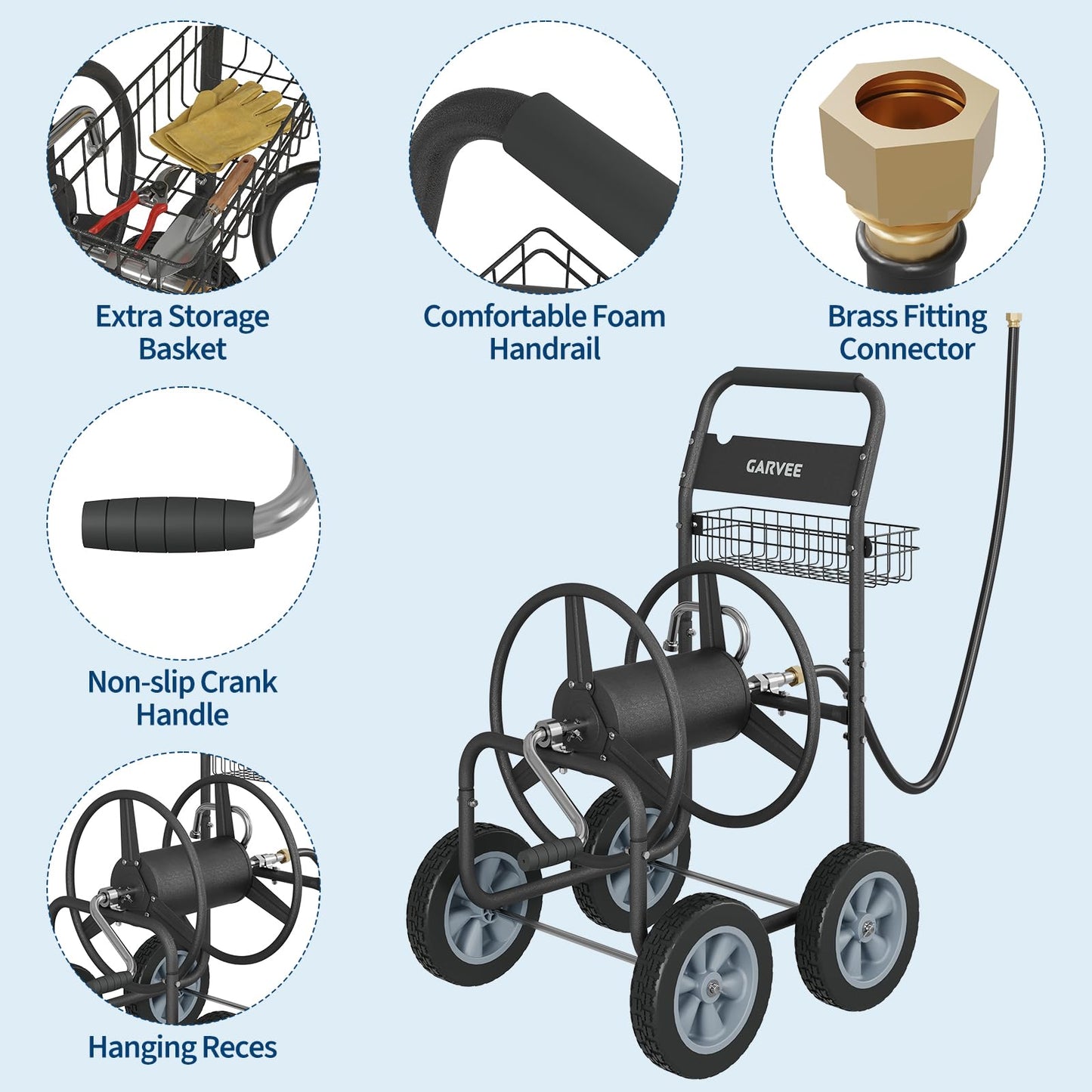 Garvee Hose Reel Cart, 4 Wheels Heavy Duty Mobile Garden Hose Cart Holds 250ft of 5/8" Water Hose, Powder-Coated Steel with Storage Basket for Yard, Lawn, Outdoor Planting
