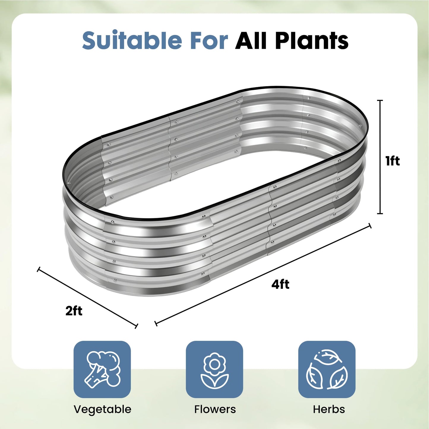 DUMOS 4x2x1ft Oval Galvanized Raised Garden Beds, Outdoor Planter Box with Open Bottom, Metal Garden Bed for Vegetables/Herbs/Flowers, Rustproof Flower Bed for Backyard/Patio, Silver