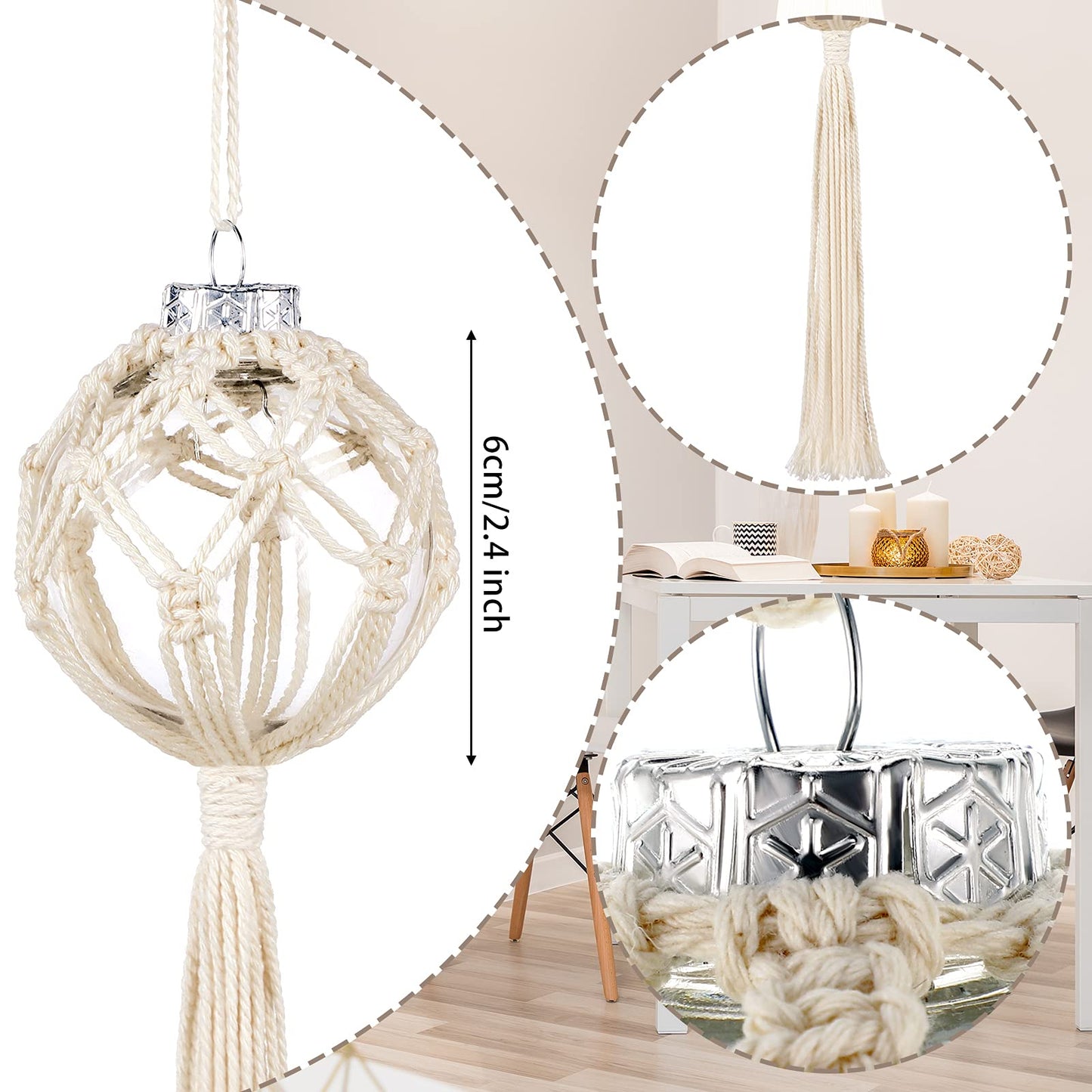 Marsui 6 Pieces Macrame Christmas Ball Ornaments Boho Wall Snowflake Woven Decorations Christmas Tree Hanging Crafts for Party Bedroom Kitchen Indoor(White)
