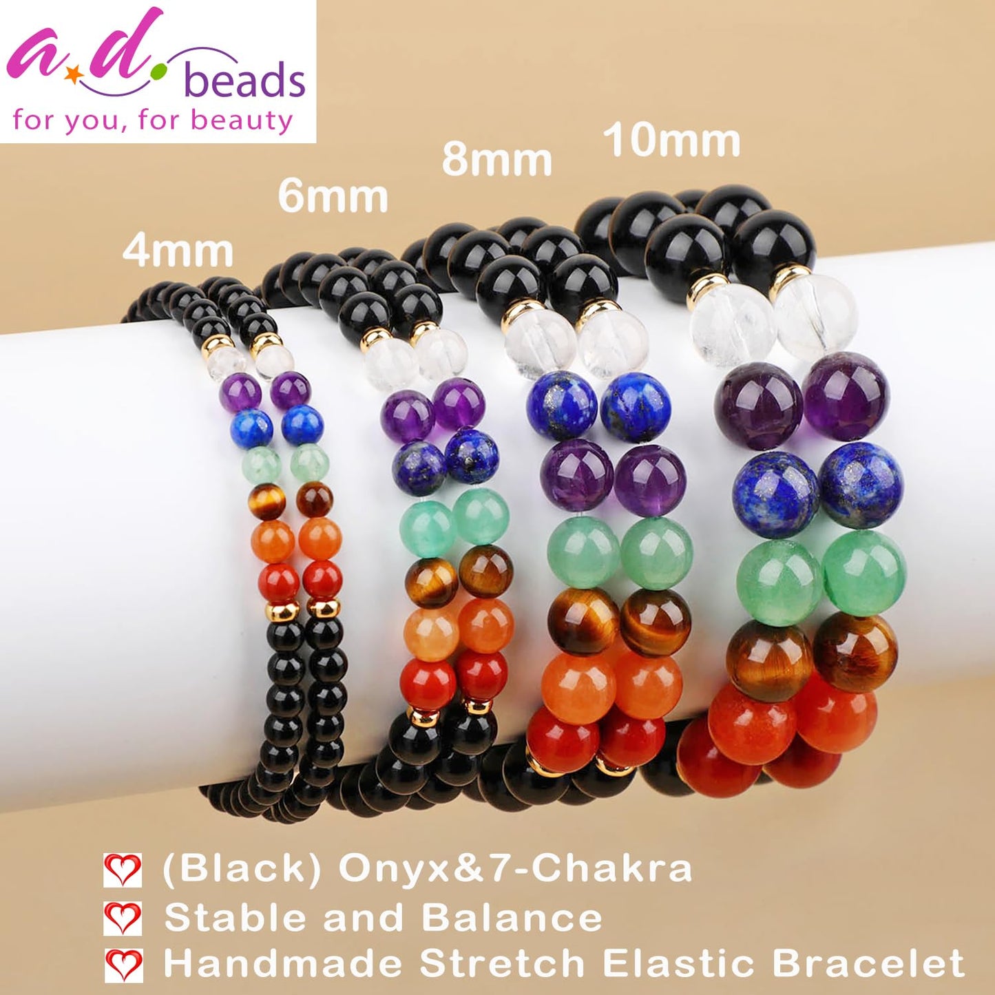 AD Beads Handmade Gemstone Stretch Elastic Bracelet Crystal Healing Reiki Nature's Beauty and Spiritual Essence Unisex (4mm, Onyx & 7-Chakra (Stable and Balance))