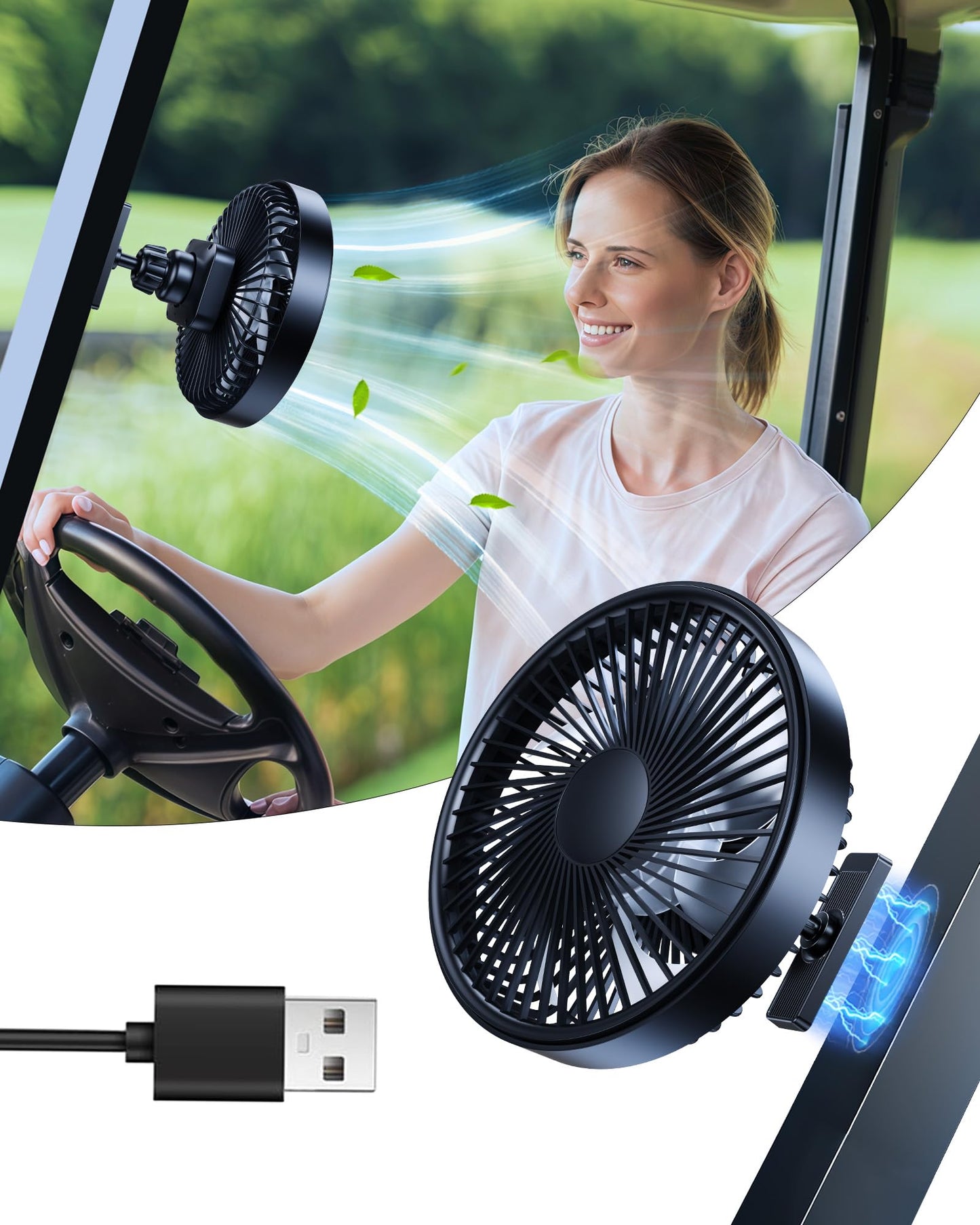 scenein Rechargeable Magnetic Golf Cart Fans That Blow Cold Air, 3000mAh Battery Powered Usb Fan for Golf Cart Cooler 360° Rotatable Compatible with Yamaha, Ezgo, Club Car, Forklift, Cruise Ship