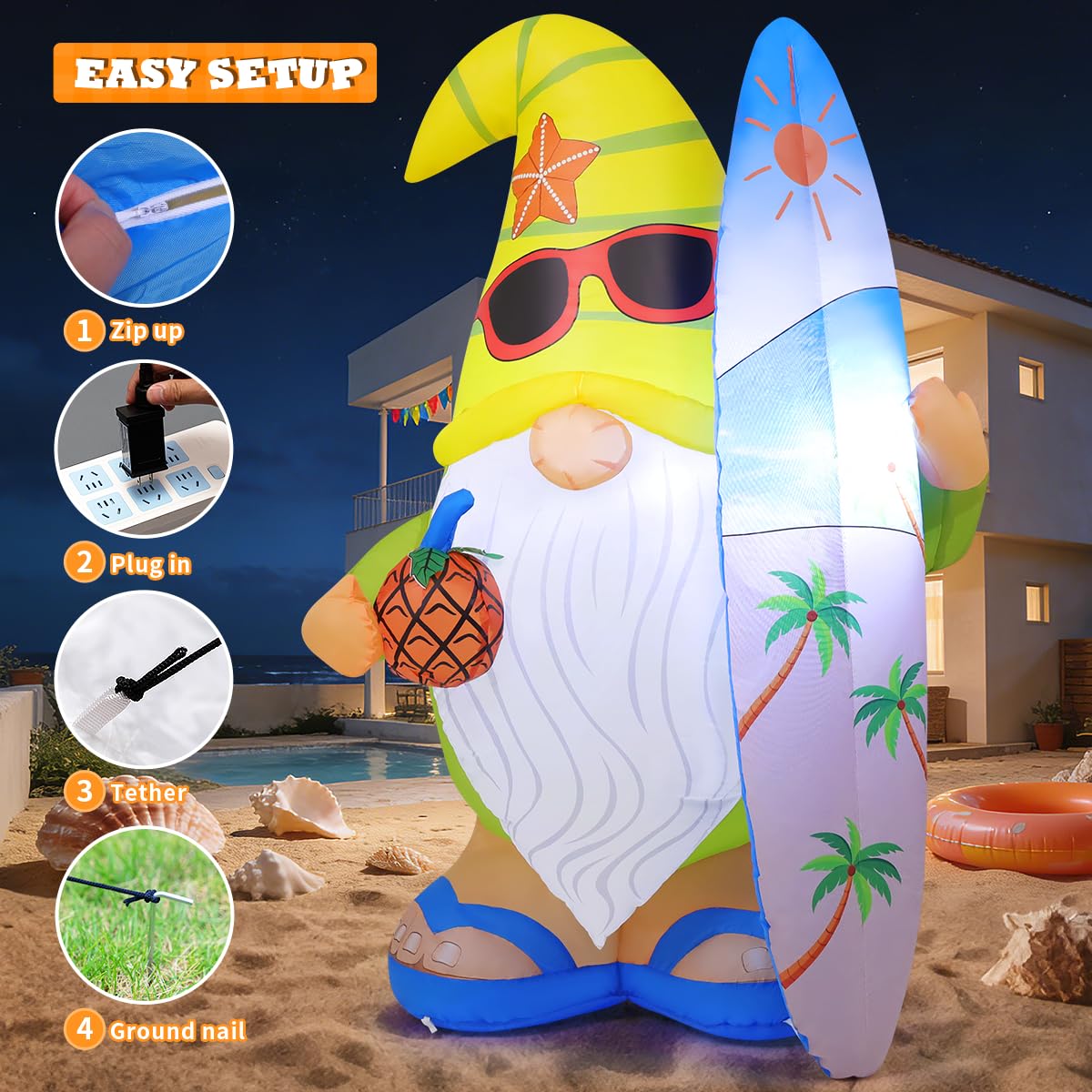GOOSH 5.2 FT Summer Inflatables Hawaii Gnome Decorations Outdoor Blow Up Yard with Surfboard&Pineapple Built-in LEDs for Garden Lawn Indoor Party Beach Decor
