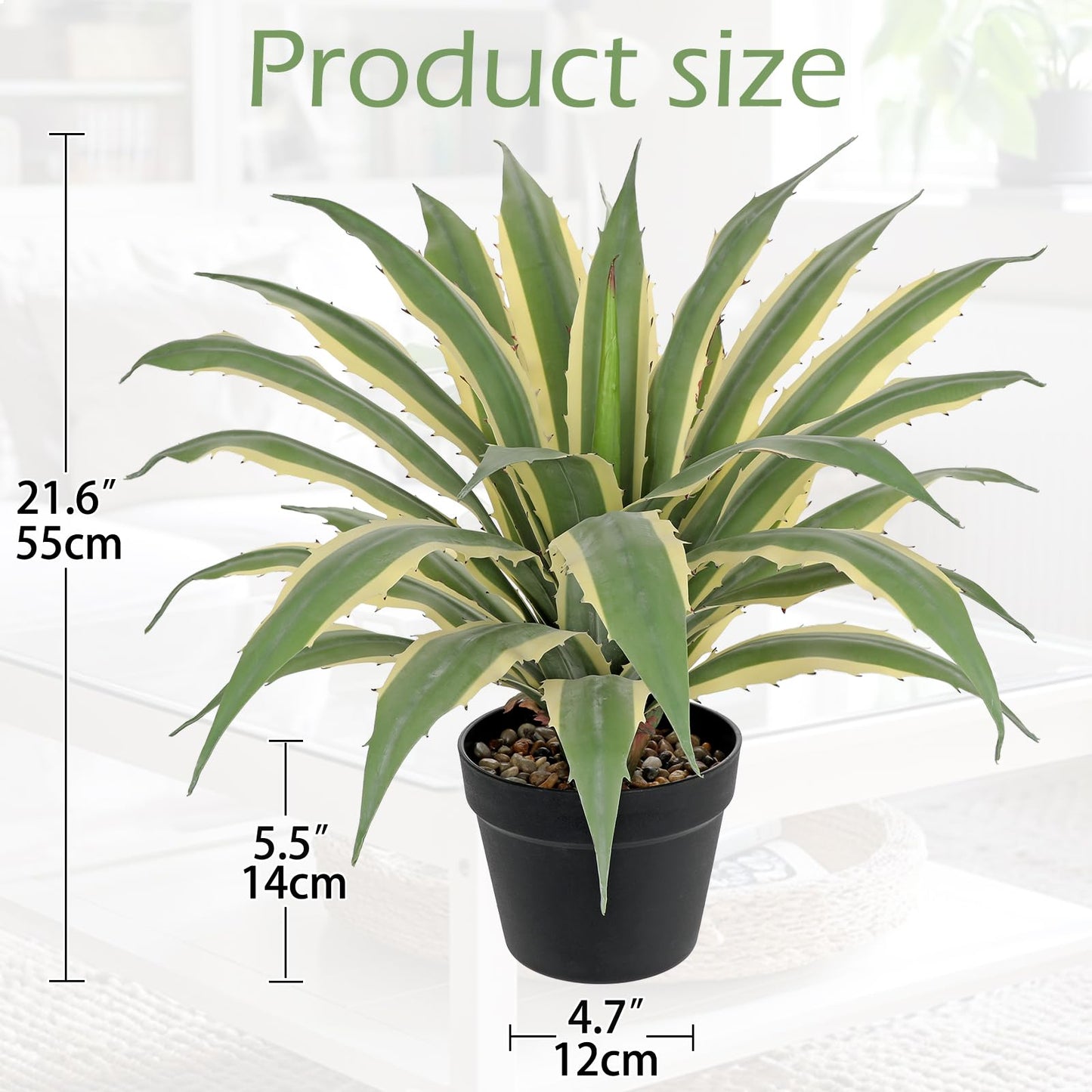 Hollyone Large Artificial Agave Plants 21.6" Tall Fake Agave Plant in Black Pot with Real Stone Pebbles Faux Succulent Aloe Tropical Plants Potted for Indoor Outdoor Home Patio Garden Decor