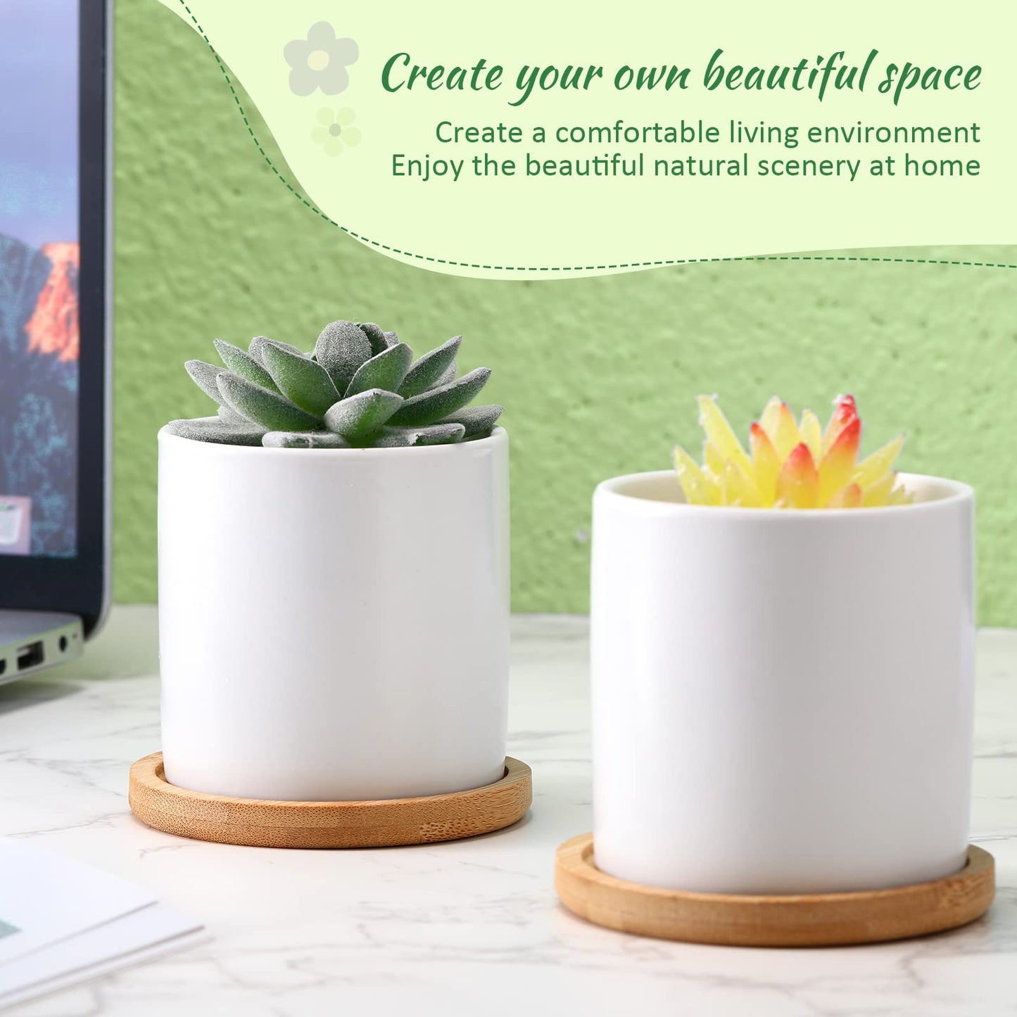 Cindeer 12 Pack Small Succulent Plants Pots 3 Inch Ceramic Flower Planter Pot and Bamboo Tray with Drainage Hole for Succulents Cactus Indoor Garden Decorations, Plant Not Included(White)