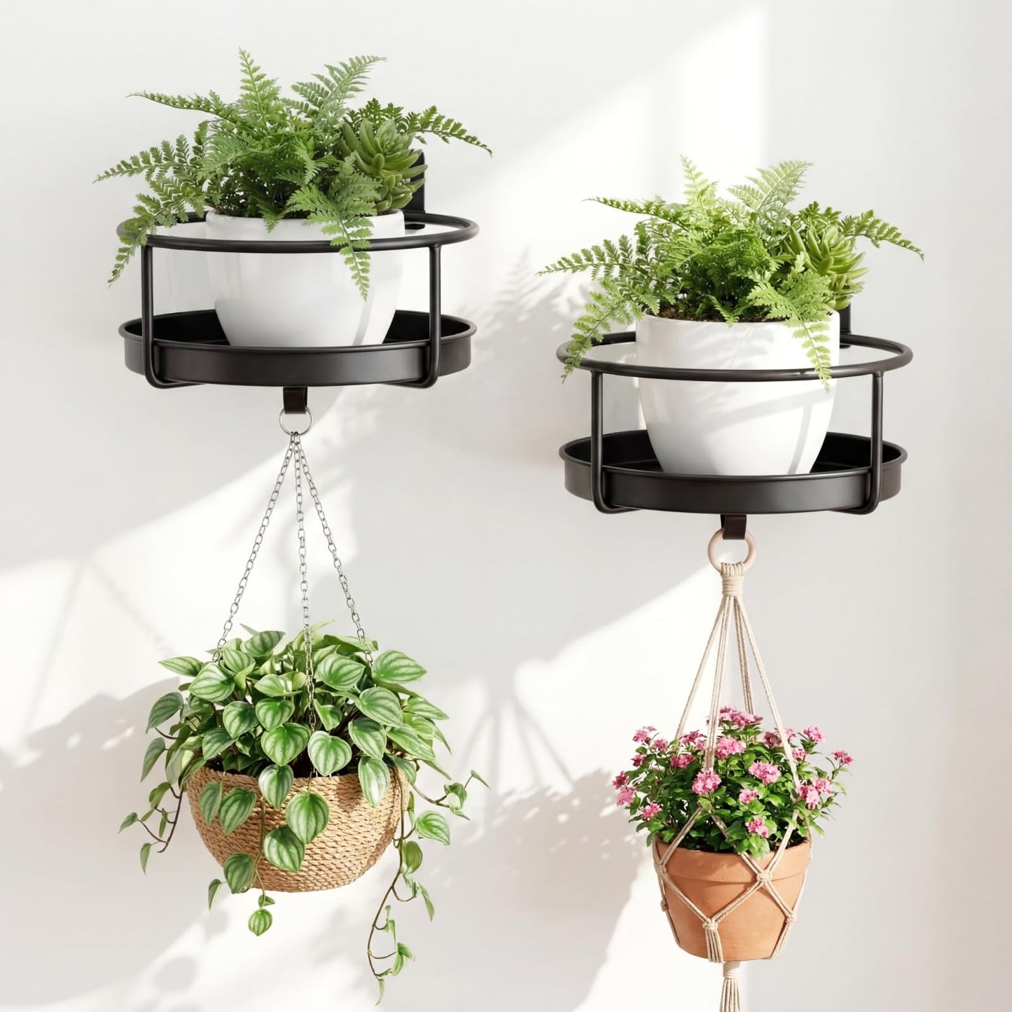 Lounsweer 2 Pack Wall Plant Holder with Hooks Metal Flower Pot Wall Hanging Shelf Black Indoor Outdoor Decor 7 Inch Floating Shelf Planter Hanger Bird Feeder Tray for Bedroom Living Room Porch Balcony
