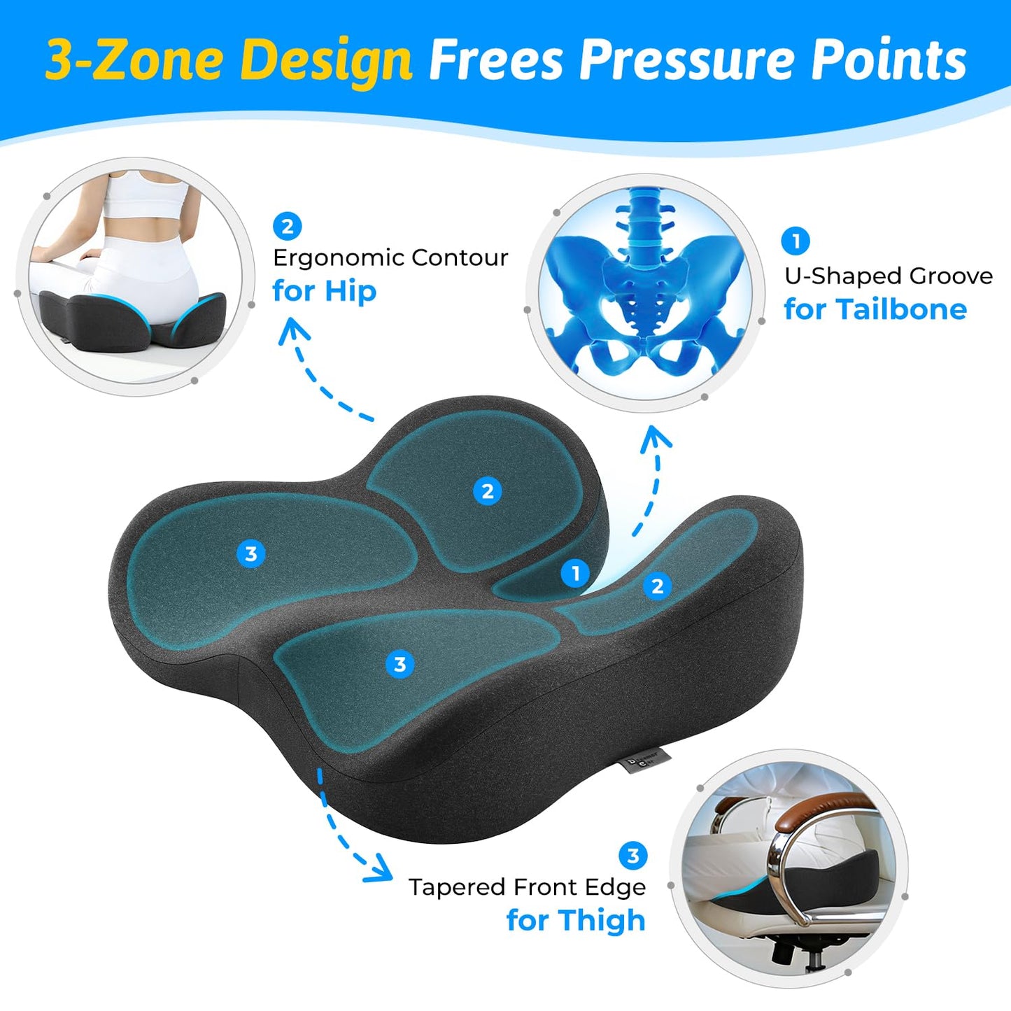 Seat Cushion for Tailbone & Sciatica Pain Relief – Certified & Ergonomist-Designed – Tapered Front Edge Reduces Thigh Pressure – Wide Memory Foam for Office Chair, Car, Wheelchair (Gray)