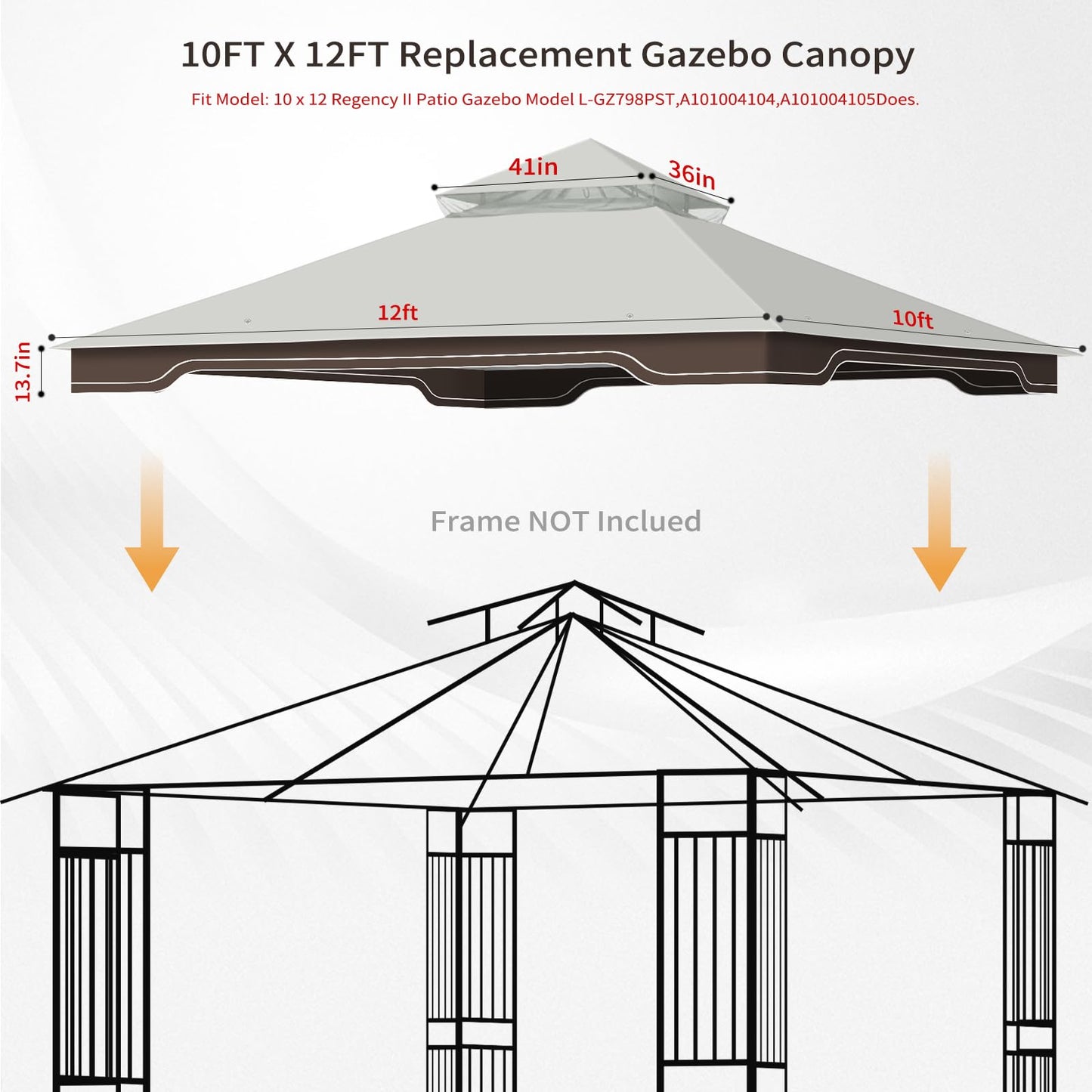Replacement Gazebo Canopy, 10 x 12 FT Durable Outdoor Roof Cover – Fits Regency II Patio Gazebo L-GZ798PST, A101004104, A101004105 (Light Gray)