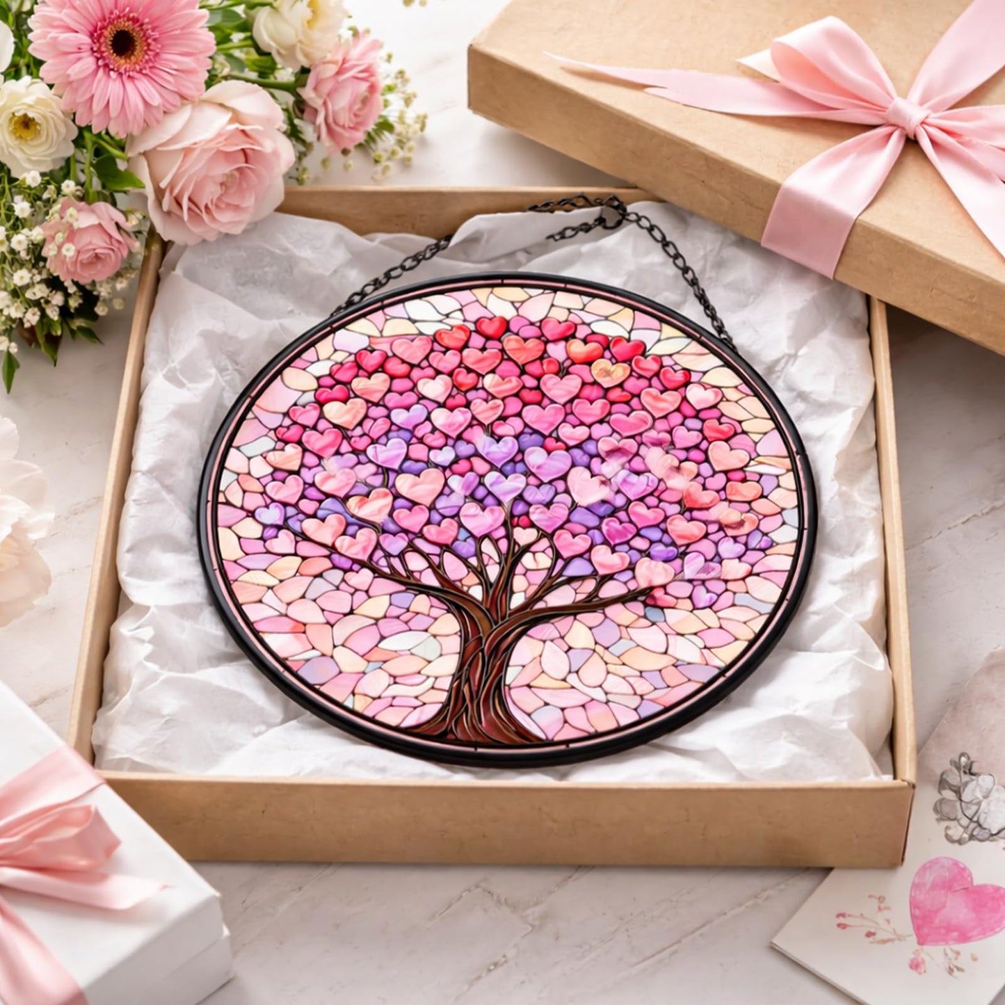 Round Heart Tree Stained Glass Style Suncatcher Pink and Purple Love Tree Window Hanging Decorative Sun Catcher Panel for Home Decor Mothers Day Valentines Day Gift 6.3Inch