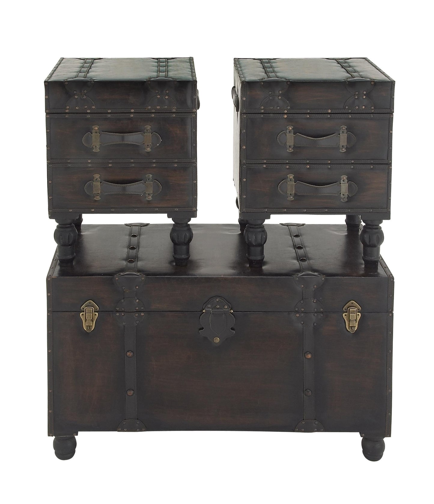 Deco 79 Faux Leather Home Bench Vintage 4 Drawer Entryway Benches with Faux Leather Straps and Studs, Set of 3 Bedroom Benches 37", 16", 16"W, Brown