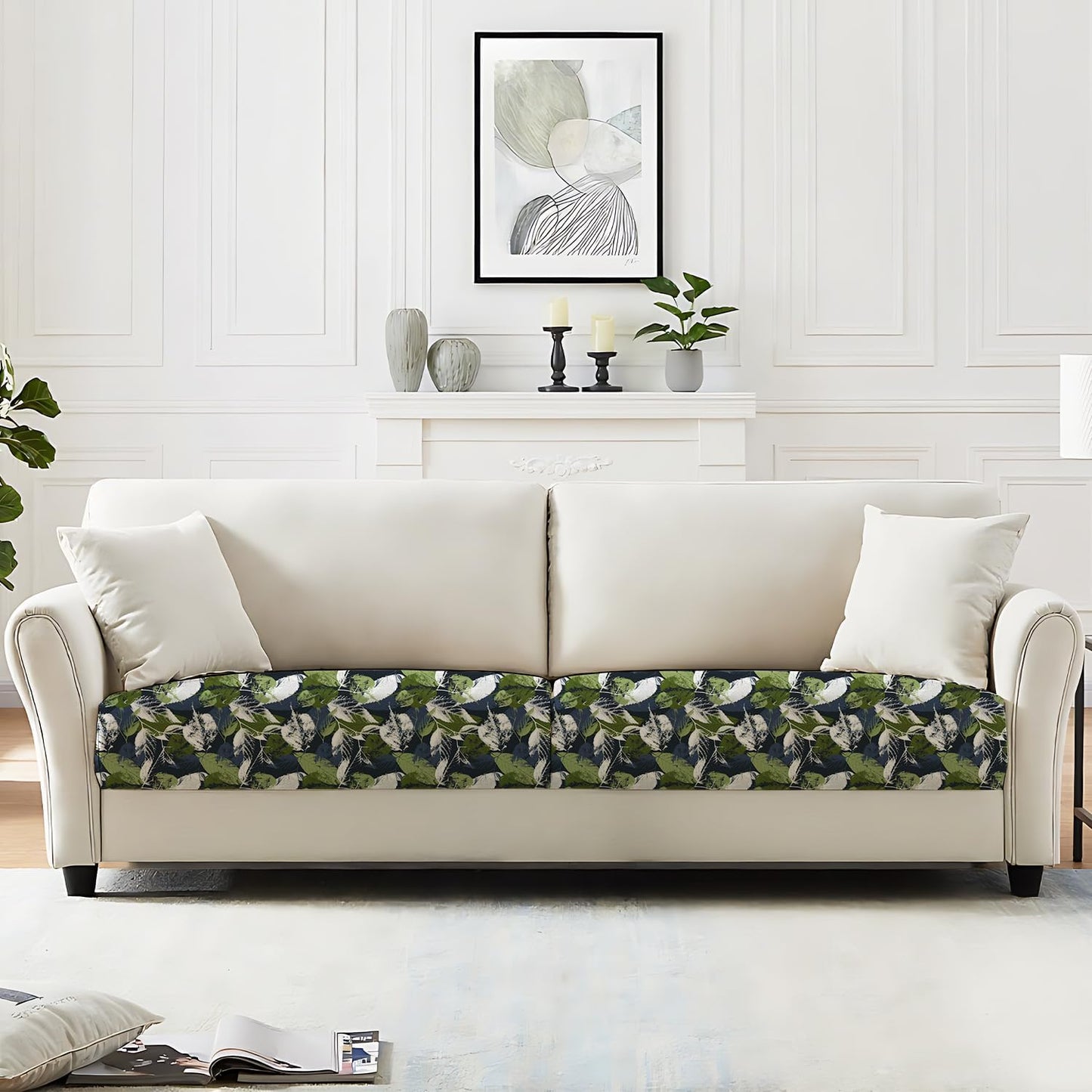 THISFIND Decorative Couch Cushion Cover – Leaf Patterned Slipcover for Sofa Seat Pads – Soft, Durable & Washable Fabric – Stretch Fit Couch Cushion Protector,Small (Green & Blue Leaves Design)