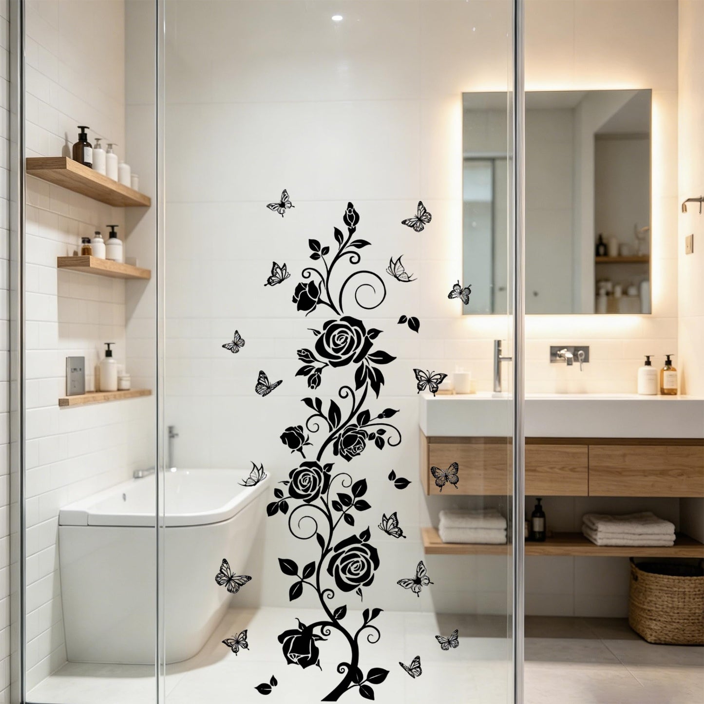 FUFUQUARE Flower Vine Decals Flying Butterfly Black Floral Wall Stickers Removable Wall Art Decor for Living Room Bedroom