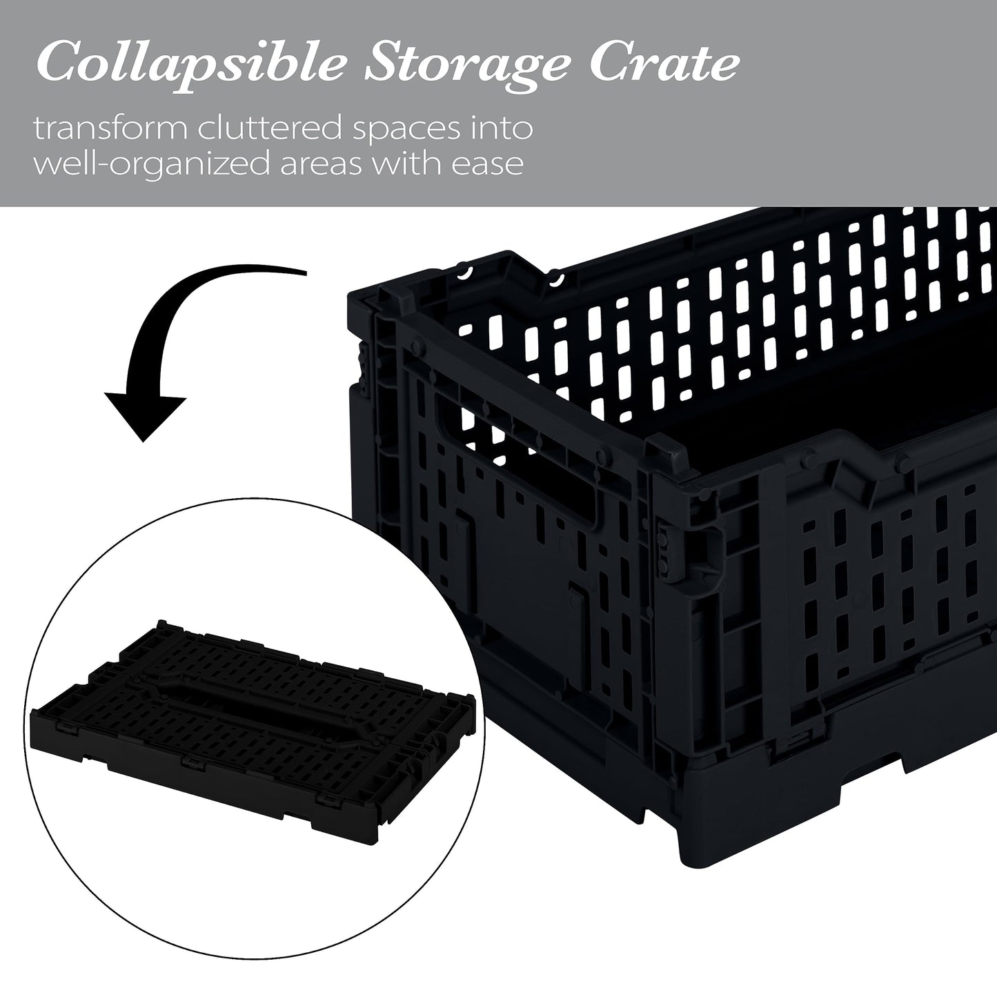 Simplify 4LT Collapsible Storage Crate | Small | Foldable | Stackable | Plastic Bin | Home Organization | Dorm | Office | Crafts | Shelf | Black