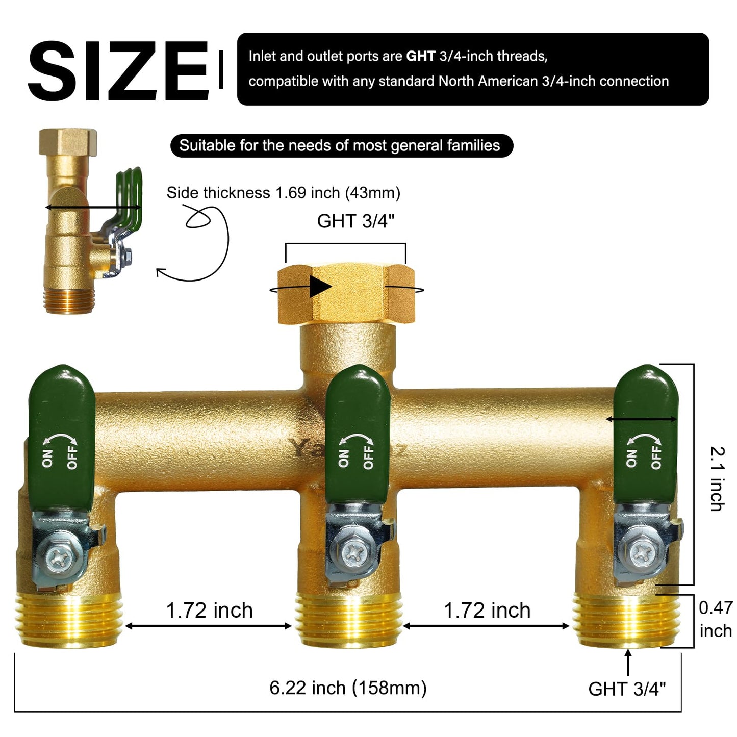 Yayamz Heavy-Duty Brass Garden Hose Divider - 3/4-inch GHT Threaded Tee with Shut-Off Valve, Water Flow Divider for High-Pressure and High-Flow Faucet Adapter, Metal Handle with Green Rubber