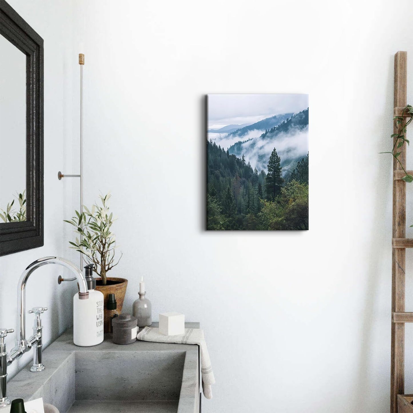 Great Smoky Mountain Wall Art Foggy Forest Landscape Picture Canvas Prints for Living Room Bathroom Misty Pine Tree Wall Decor Nature Green Tropical Poster Painting Artwork Home Decorations 12x16”