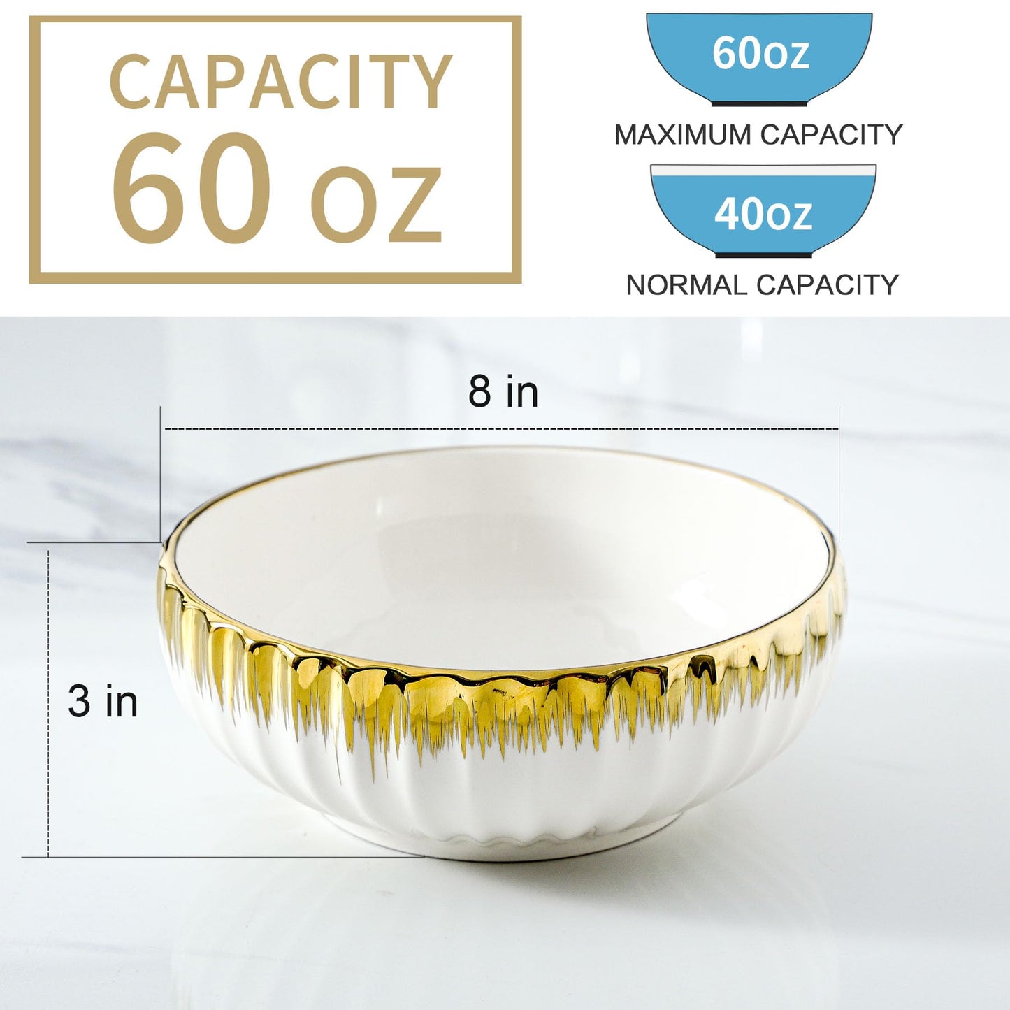 LETAOTAO Serving Bowls, 8 inch Large Salad Bowls, Ceramic Bowl Set of 2 White Bowl with Gold Trim, Kitchen Decorative Bowls Set for Kitchen, Salad, Soup, Pasta and Dinner(60 oz)