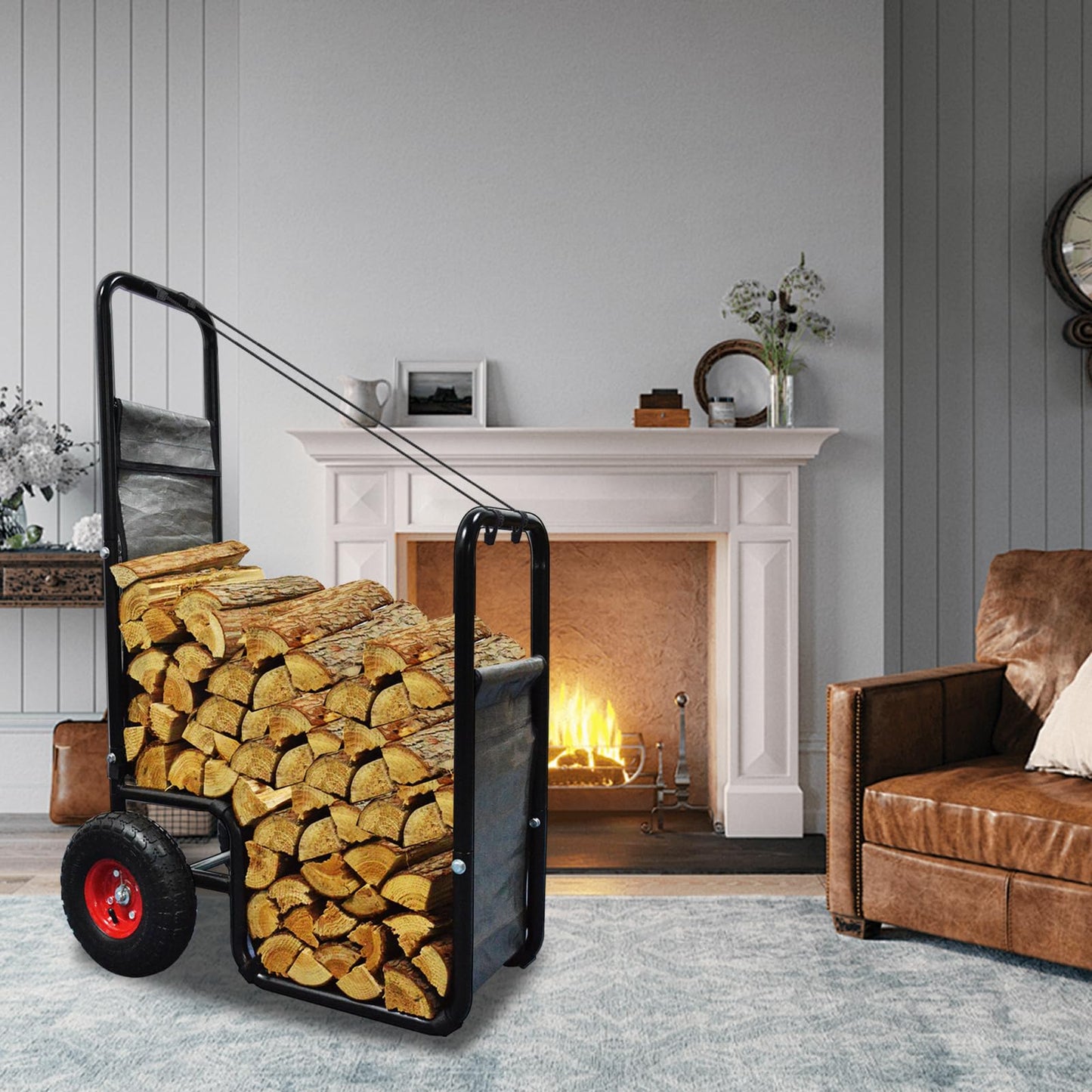 Doublehorse Firewood Cart with Pneumatic Wheel: 27 x 20 x 44 in Large Heavy Duty Metal Waterproof Portable Storage Rack - for Outdoor Camping Backyard Fireplace Indoor Use for Women Men