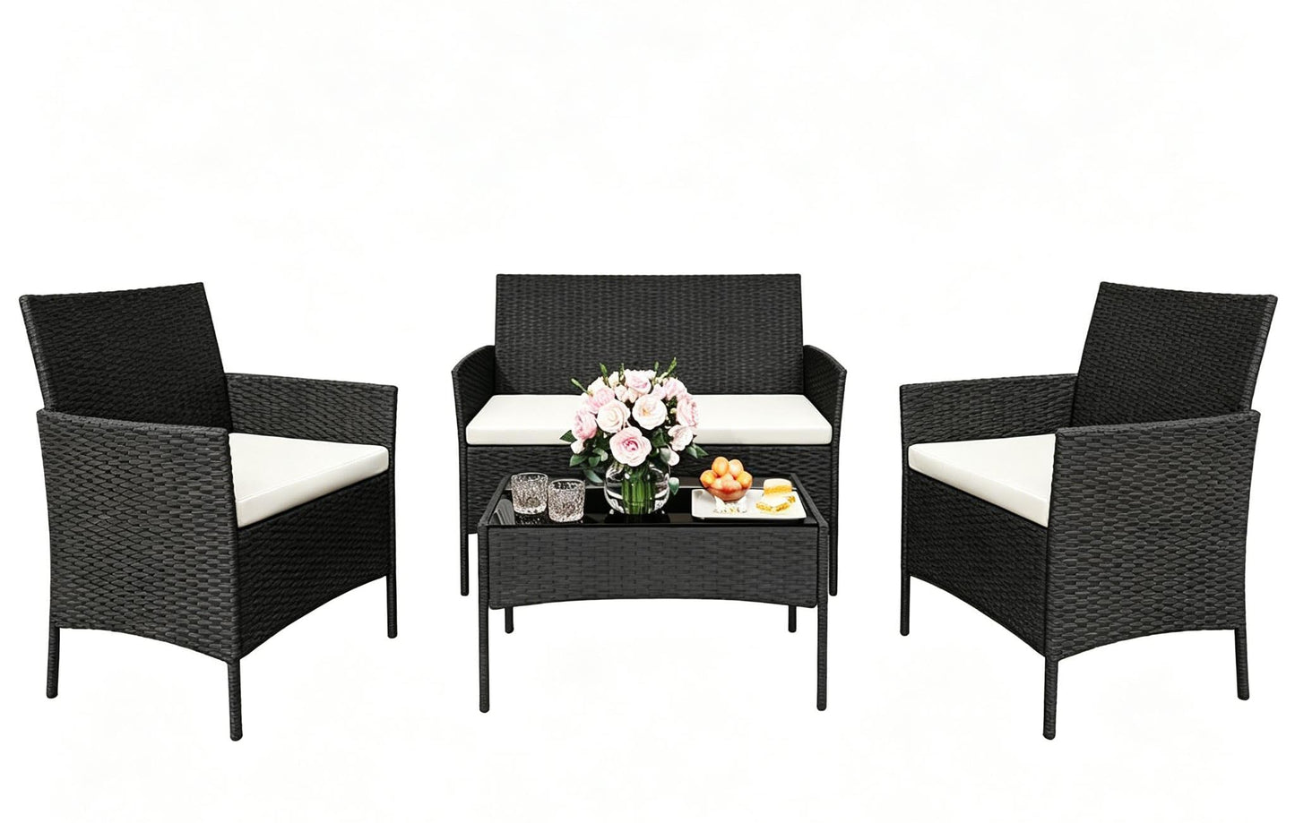 GAOMON 4 Piece Patio Furniture Set, Modern Patio Conversation Set with Glass Coffee Table, PE Wicker & Cushions for Poolside, Deck, Balcony, Black & Beige