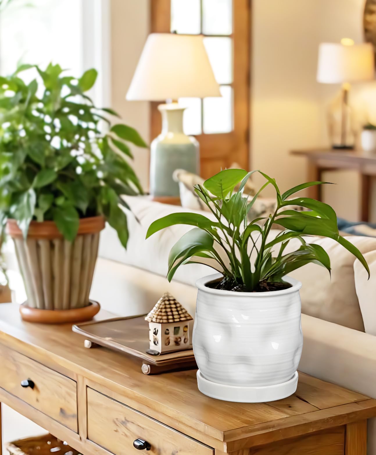 Oairse 5.7 inch Ceramic Pots for Plants, Plant Pot with Drainage Hole and Saucer White Ceramic Indoor Planter with Tray Decorative Flower Pots for Succulent, Cactus, Snake Plant, Herb Indoor Outdoor