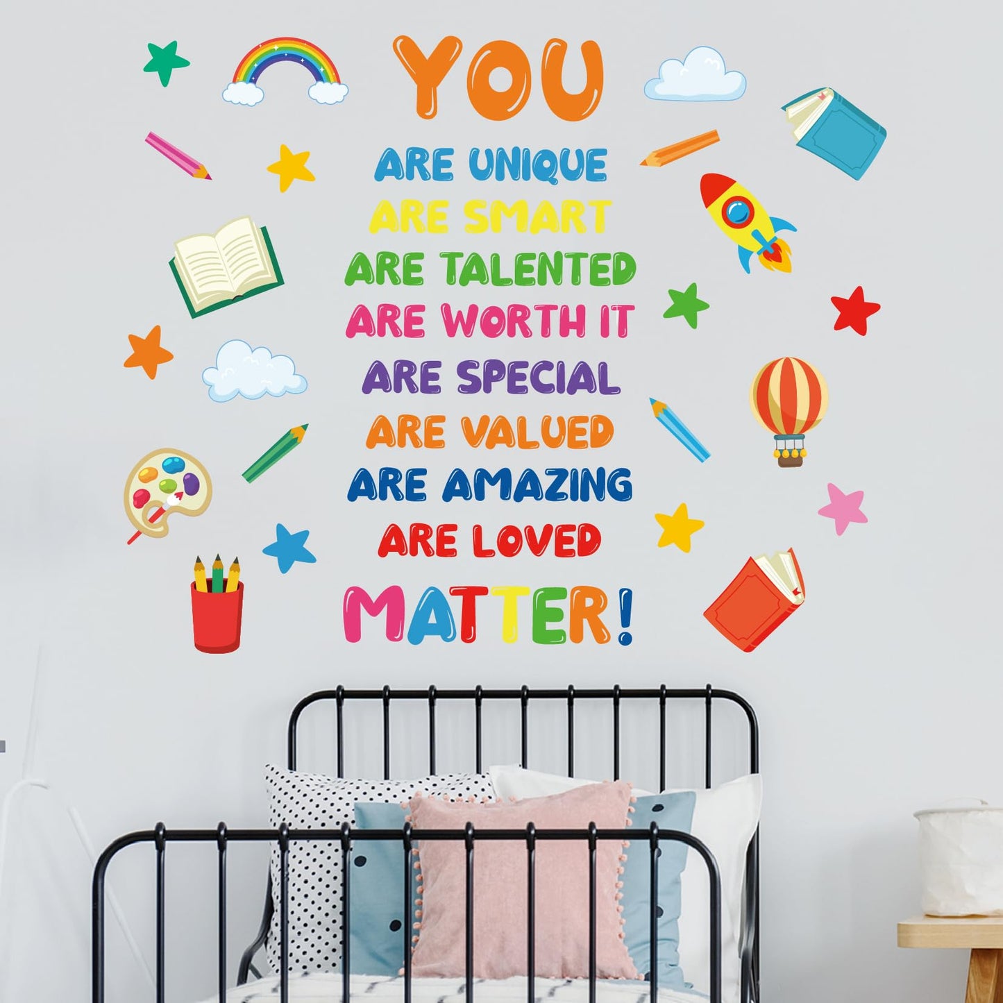 Kids Affirmation Wall Decals, Positive Motivational Wall Stickers “You are Unique Smart Talented Loved”, Peel and Stick Vinyl Decor for Kids Room, Classroom, Playroom, Nursery