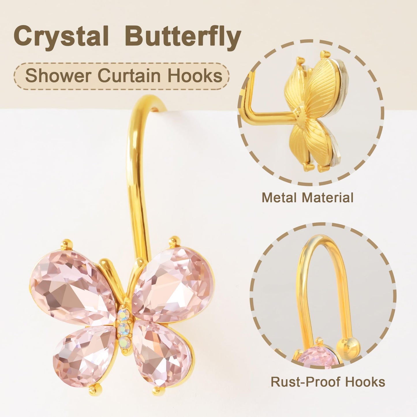 LUMITI Shower Curtain Hooks,12Pcs Rust Resistant Glitter Crystal Butterfly Metal Decorative Shower Rings Hangers for Bathroom Curtains, Clothing, Towels (Pink)