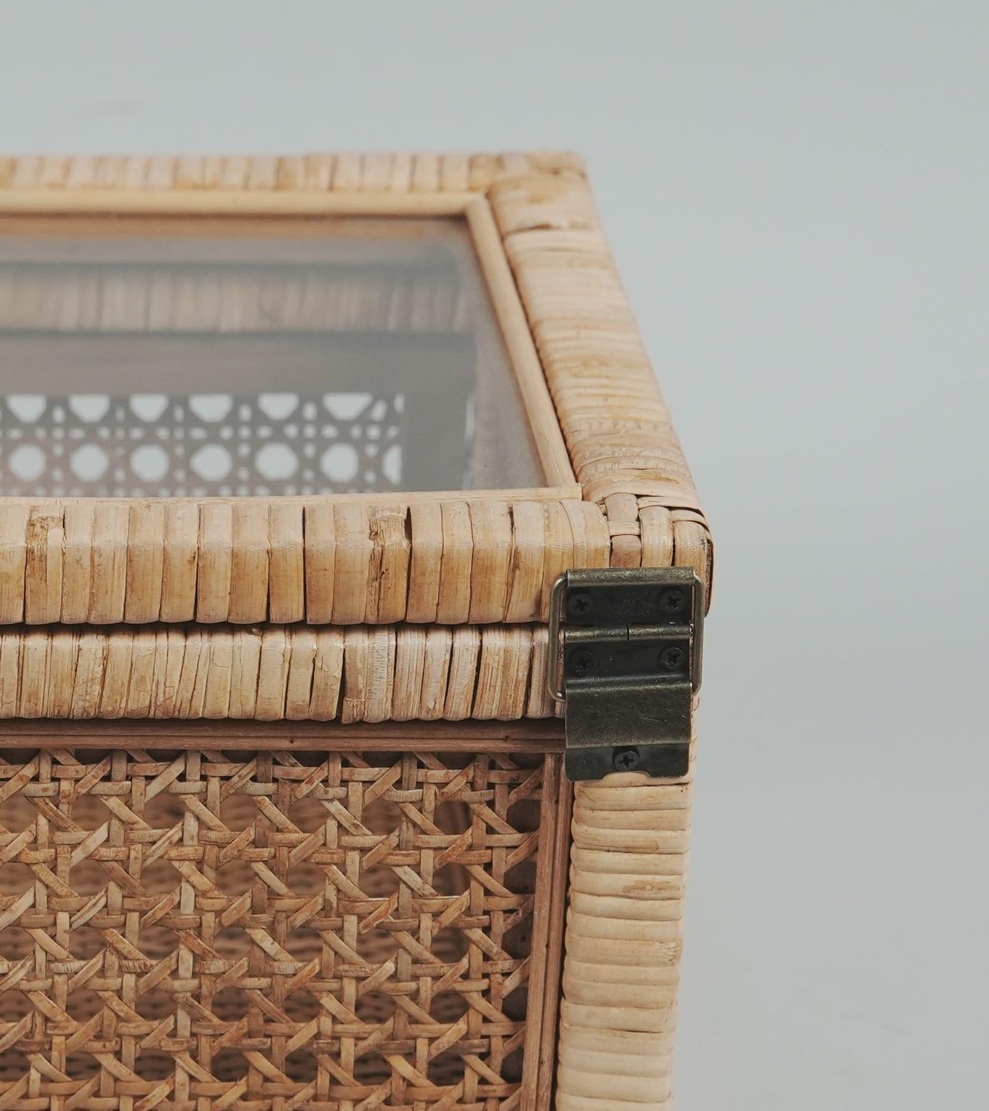 BOMINGHOME Rattan Display Box for Home Decor with Lid - Rectangular Coastal Bohemian Style Stackable Decorative Storage Box Set - Handmade from Natural Rattan, Cedar & Real Glass