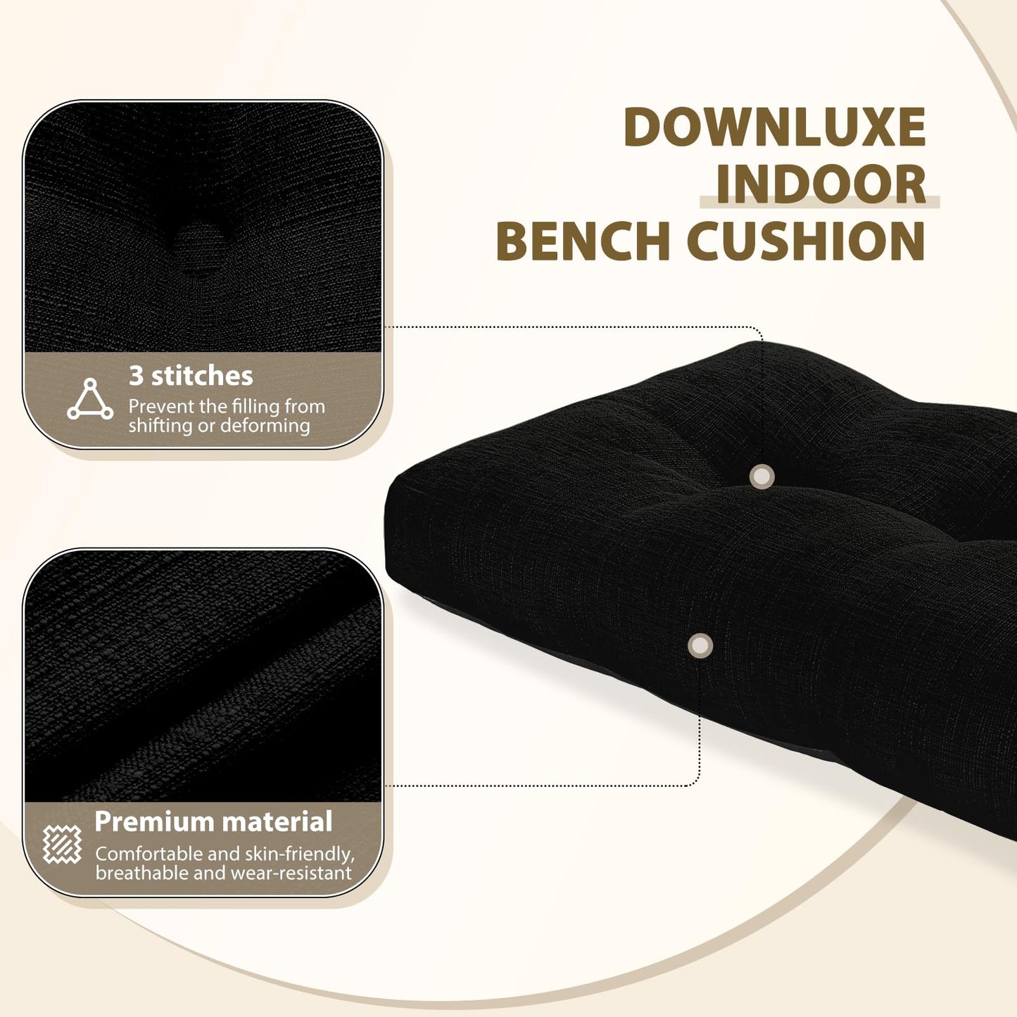 downluxe Indoor Bench Cushion for Indoor Furniture, Non-Slip Tufted Overstuffed Textured Foam Bench Seat Cushion, 36" X 14" X 4", Black, 1 Pack