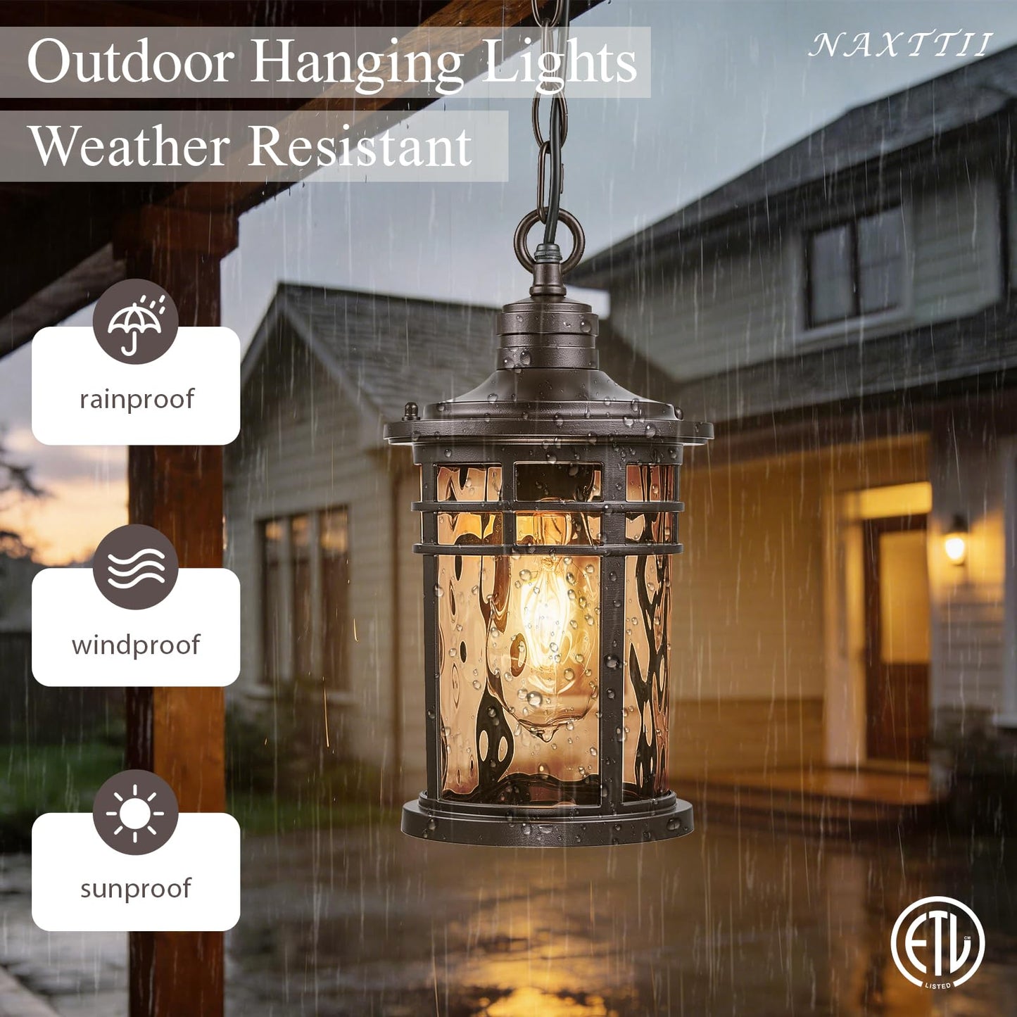 NAXTTII Outdoor Hanging Lantern Light Dusk to Dawn Hanging Porch Light Anti-Rust Aluminum Outdoor Chandelier for Front Door Gazebo E26 Socket Oil Rubbed Bronze Finish