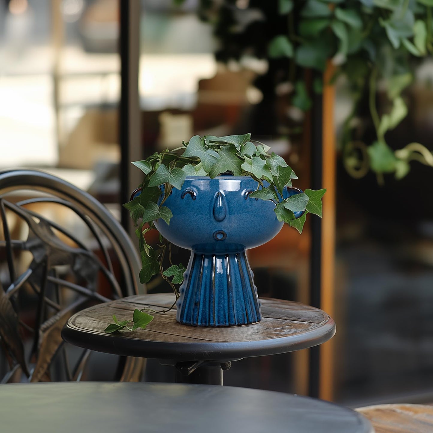Fivepot Head Planter Pot - 7 Inch Cute Face Planter for Indoor Outdoor Plants Ceramic Succulent Pot Round Flower Pot Present for Mother Christmas with Drainage Hole Blue