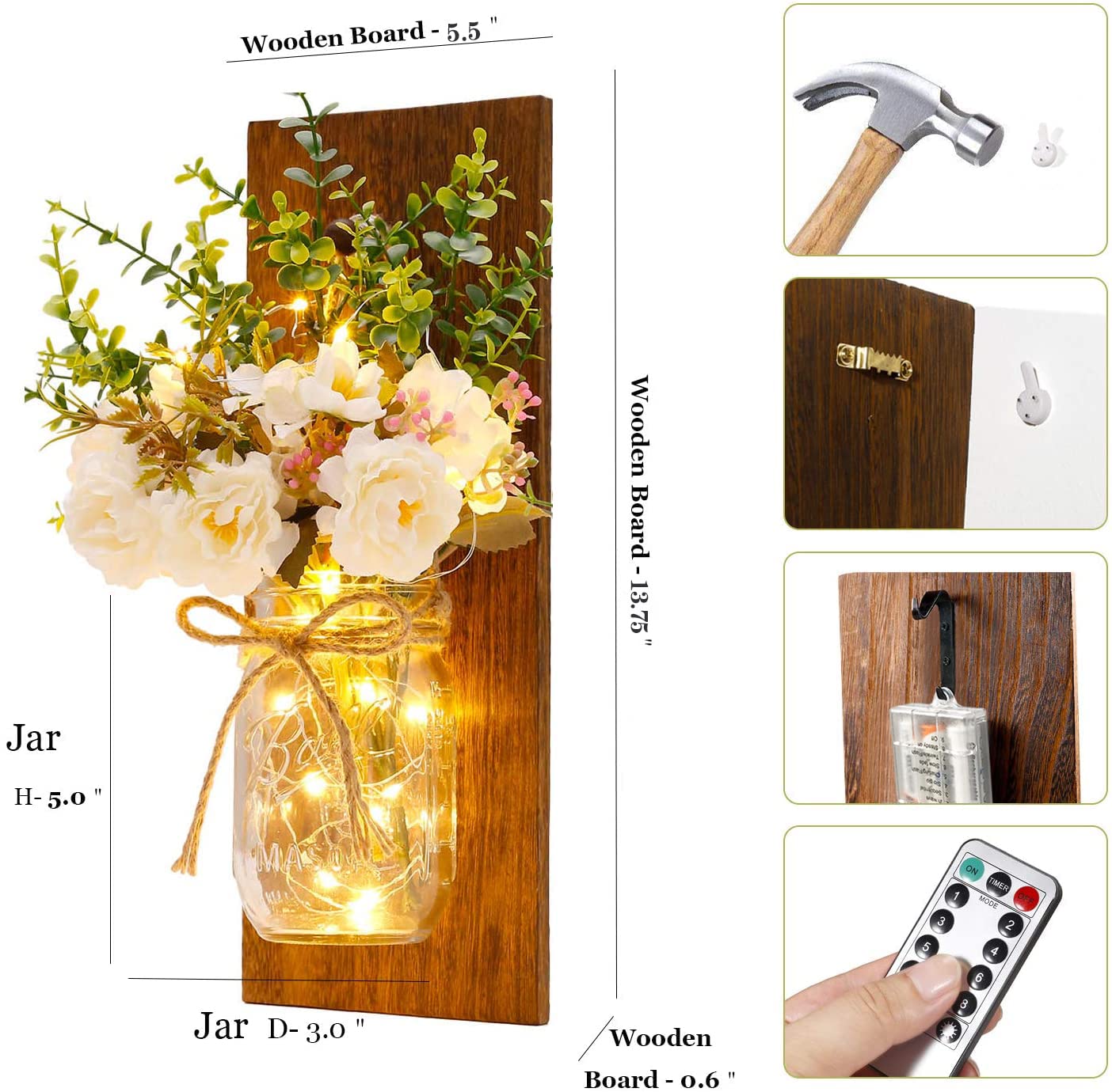 Rustic Wall Sconces Mason Jar Sconces Handmade Wall Art Hanging Design with Remote Control LED Fairy Lights and White Peony, Wall Decor Gift Farmhouse Wall Home Decor Living Room Lights Set of Two