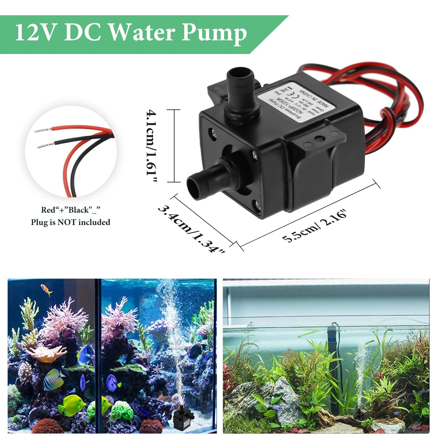 12V DC 63 GPH Water Pump, Aideepen 3M 12v Small Water Pump 240L/ H submersible Brushless Motor for Aquariums, Fish Tank, Pond, Fountains(2-PACK)