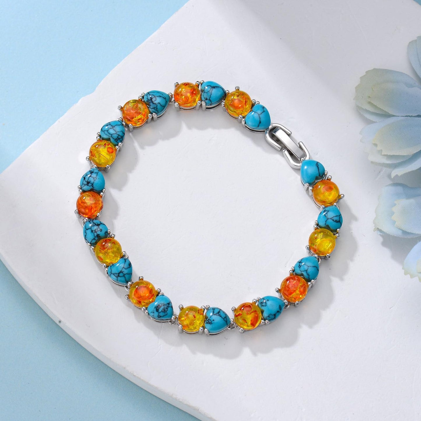 PEIMKO 925 Sterling Silver Full Stone Textured Turquoise Amber Tennis Bracelet White Gold Plated Jewelry Gift for Women Mothers