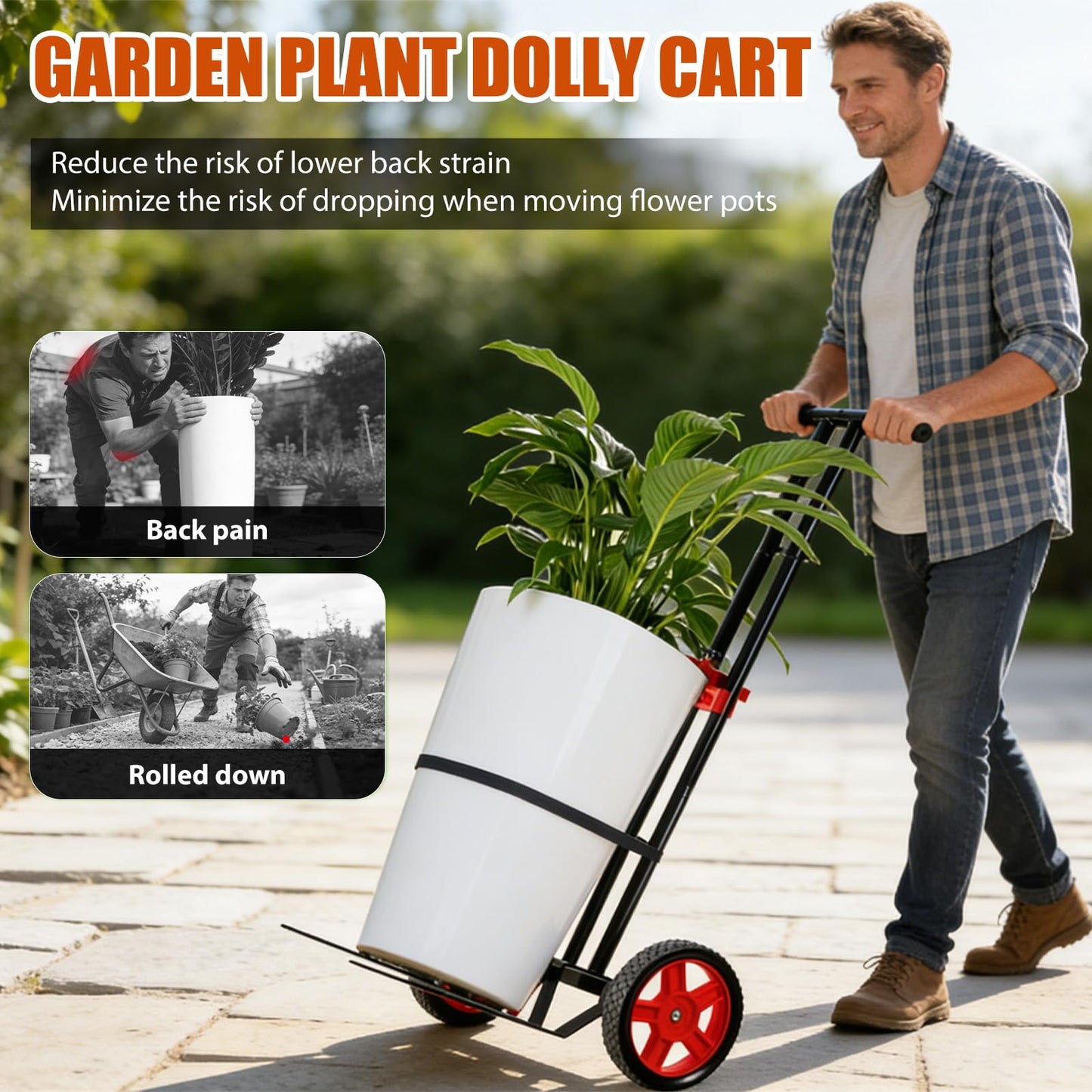 Garden Plant Dolly Cart with Wheels, Heavy Duty Plant Caddy with Adjustable Grabbing Arm, Potted Plant Mover with Suction Cups & Secure Strap, Indoor and Outdoor Gardening Cart Plant Pot Lifter
