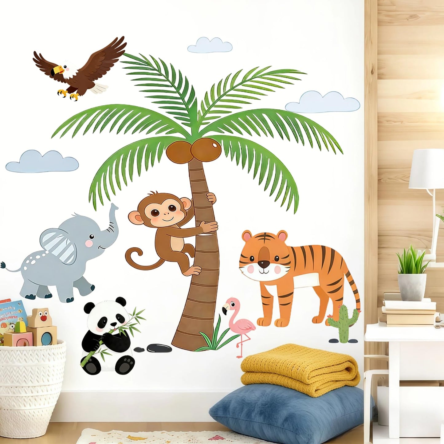 Jungle Tree Animal Wall Decals with Eagle Monkey Tiger Panda Elephant, Peel and Stick Safari Wall Stickers for Baby Nursery, Kids Bedroom and Playroom Decor
