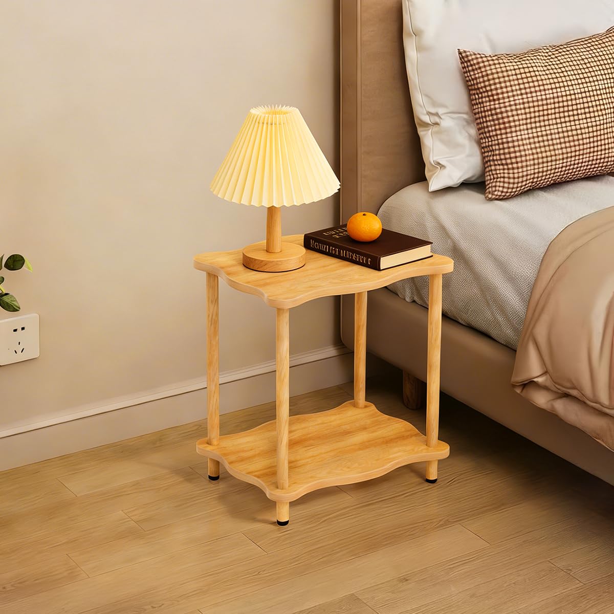 THUMEYE 2-Tier Low Side Table 17”H, Space-Saving Small Nightstand with Solid Wood Legs, Tool-Free Assembly, Suitable for Reading Chair, Bedside, Balcony, 15.7”D x11.8”W, Burlywood