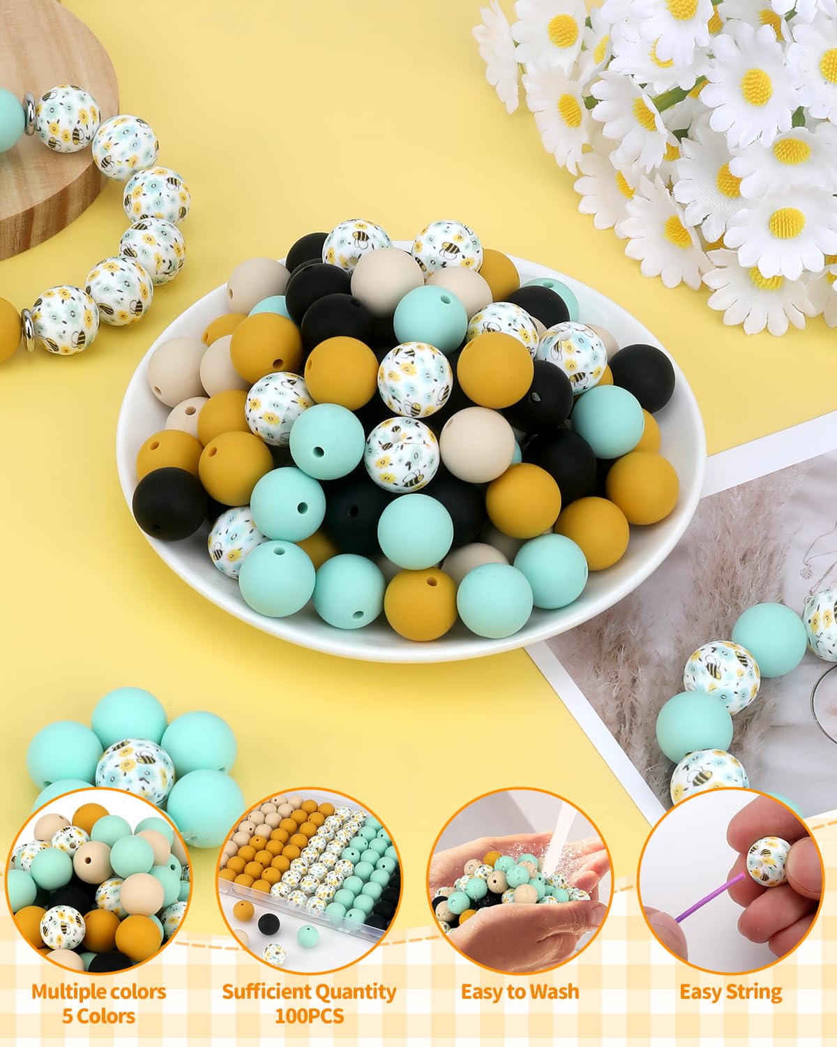 SALUOKE 100 Pcs 15mm Silicone Beads for Keychain Making, Bee Silicone Beads Bulk Round for Bracelets Pens Crafts Jewelry Making (Bee)
