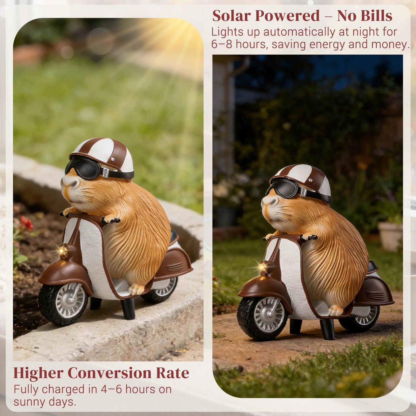 Capybara Solar Outdoor Figurine Light, Capybara Riding Motorcycle Garden Statue with LED Headlight, Waterproof Solar Powered Lawn Decor for Yard Patio Porch, 8.6” x 4.7” x 9.4”