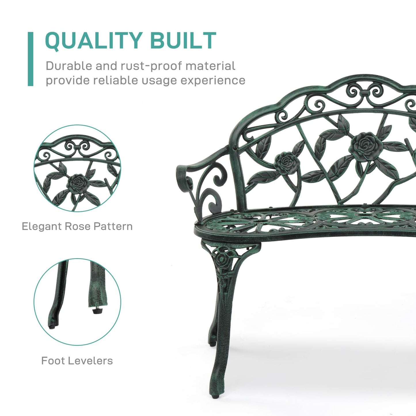 Outvita Outdoor Bench, 38"" Cast Aluminum Garden Bench Anti-Rust Weather Resistant Patio Bench Rose Pattern Bench for Front Porch, Backyard, Lawn, 1, Green