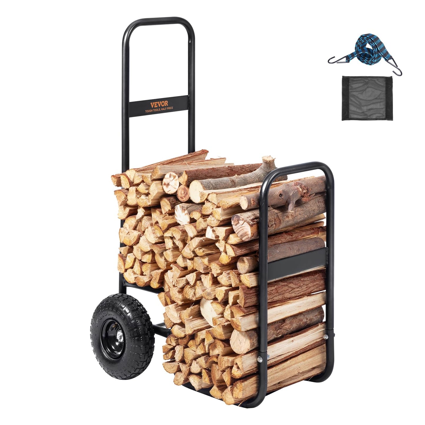 VEVOR Log Cart 250 lbs Load Capacity, Outdoor and Indoor Wood Rack Storage Mover with Pneumatic Rubber Wheels, Heavy Duty Steel Dolly Hauler, Firewood Carrier for Fireplace, Fire Pit, Black