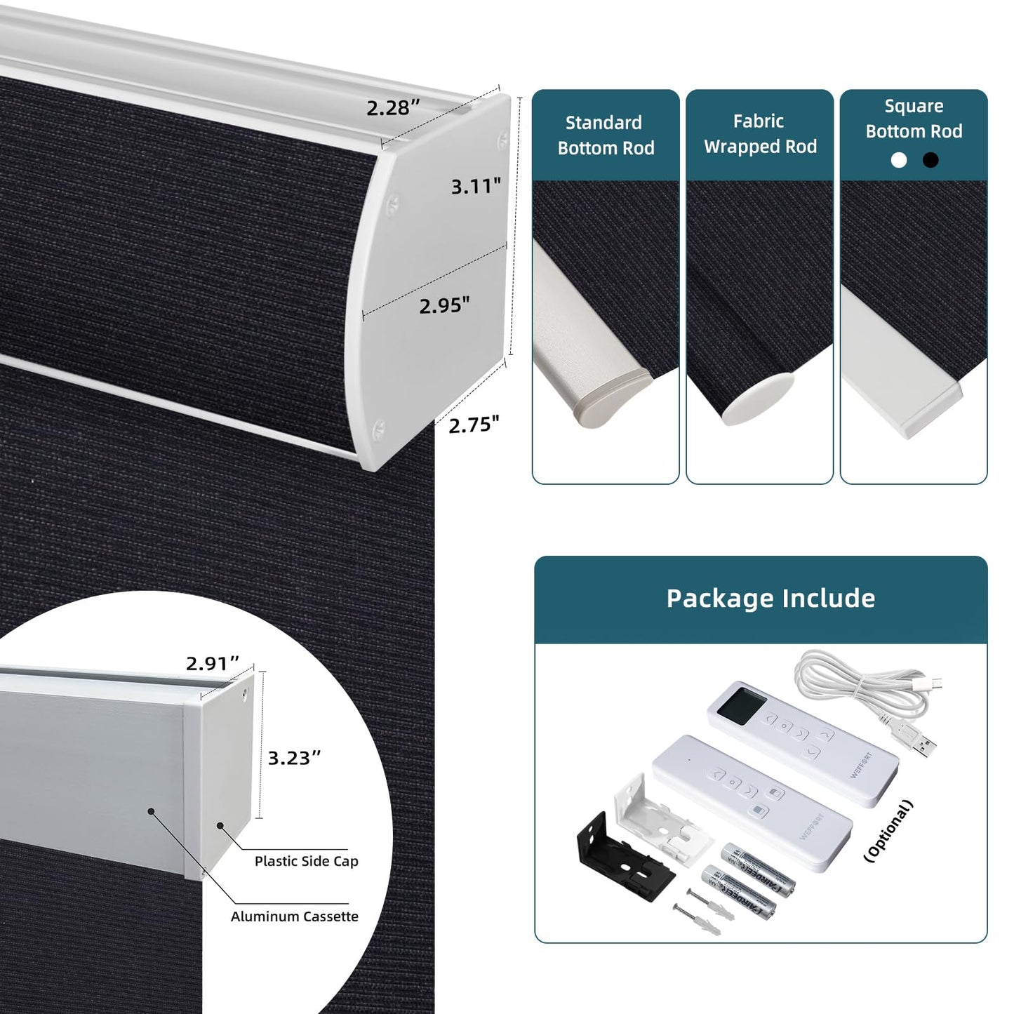 WEFFORT Motorized Roller Shade, 100% Blackout Smart Window Blinds Work with Homekit, Alexa, Google Home, Remote Control, Electric Blinds with USB/Solar Pannel,Dark Eclipse Black