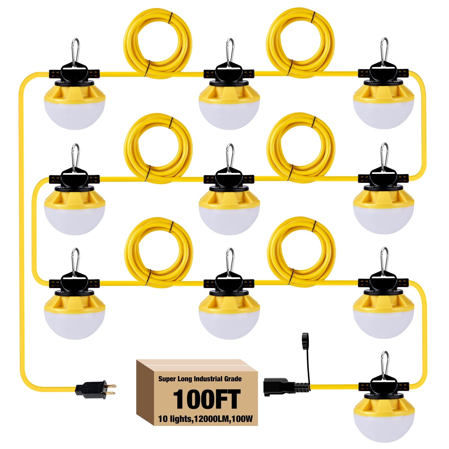 G GJIA 100FT Construction String Lights, IP65 Waterproof ETL Certified LED String Work Lights, 5000K Daylight 18AWG Wire Linkable Temporary Construction Lighting for Jobsite with 10 Bulbs & Hooks