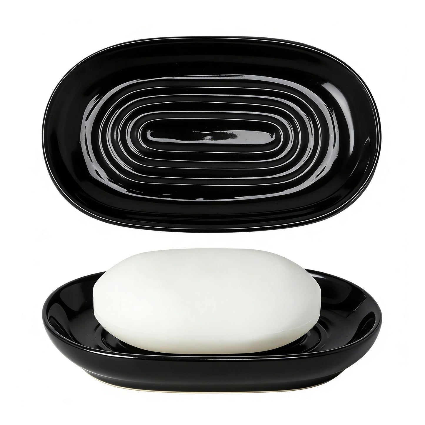 Cbrytacs Ceramic Soap Dish,with Raised Center to Keep Soap Dry - A Quick-Drying Soap Tray for Bathroom, Shower & Kitchen Sink, Decorative Organizer for Jewelry, Sponges, Keys (Black)