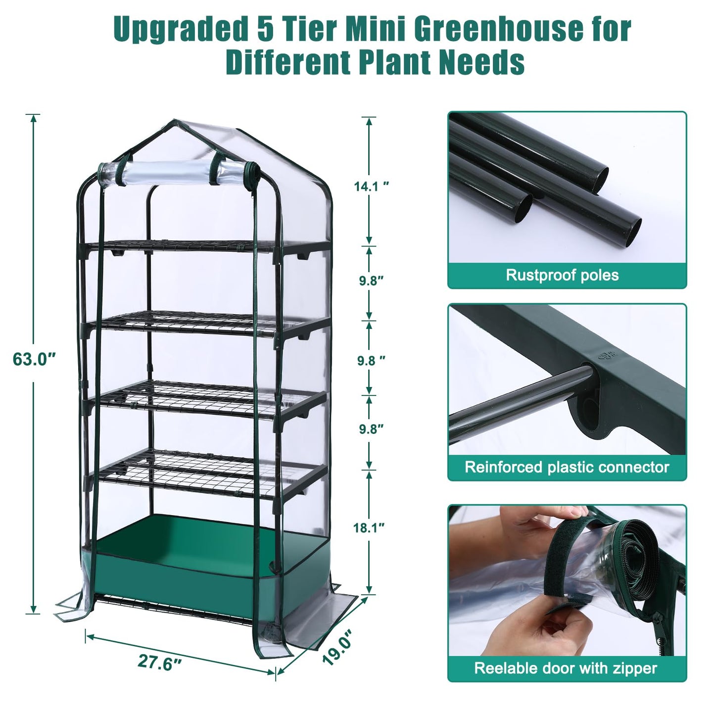 5 Tier Mini Greenhouse for Indoor Outdoor, Portable Green House with Durable PVC Cover and Shelves for Seedling, Heavy Duty Greenhouse with Waterproof Mat and Cover Tape, Gardening Gifts for Women Men